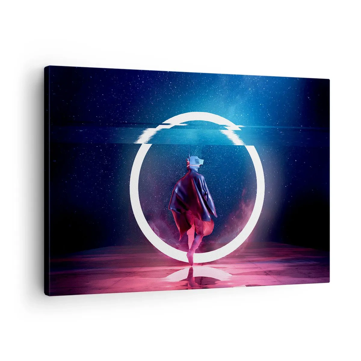 Schilderen op canvas - Een personage in een futuristische omgeving met een neoncirkel - 70x50cm - Tussen werelden - Moderne wanddecoratie voor woonkamer en slaapkamer ARTTOR