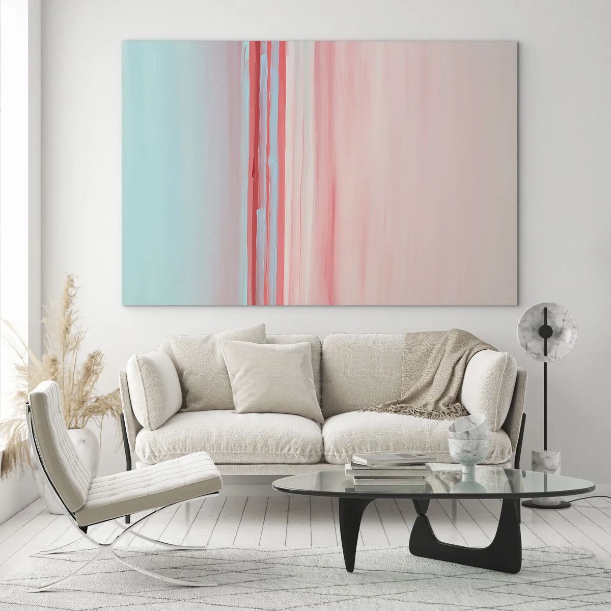 Schilderen op glas - Verticale strepen in pasteltinten roze en blauw - 70x50cm - Abstractie bij dageraad - Moderne wanddecoratie voor woonkamer en slaapkamer ARTTOR