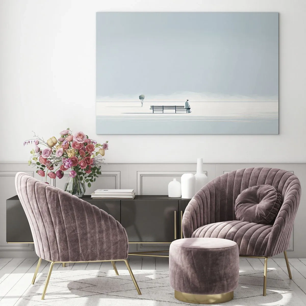 Schilderen op glas - Een figuur op een bankje in een minimalistisch landschap - 70x50cm - Ja, ik wacht. - Moderne wanddecoratie voor woonkamer en slaapkamer ARTTOR
