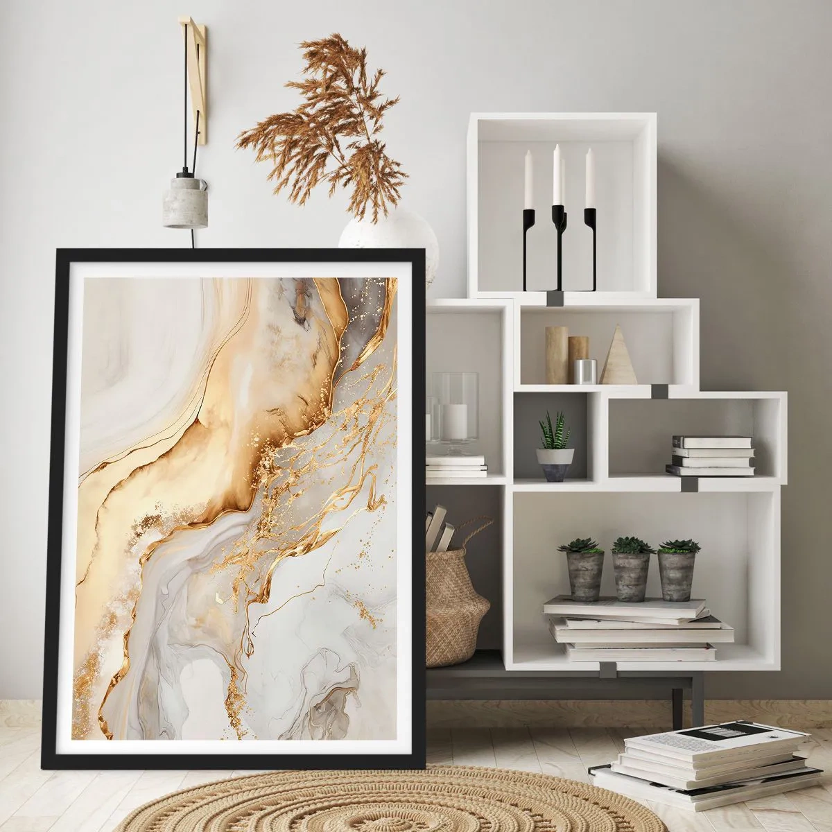 Poster in een zwarte lijst - Abstracte compositie van goud en wit marmer - 50x70cm - Abstractie: schoonheid en goedheid - Moderne wanddecoratie voor woonkamer en slaapkamer ARTTOR