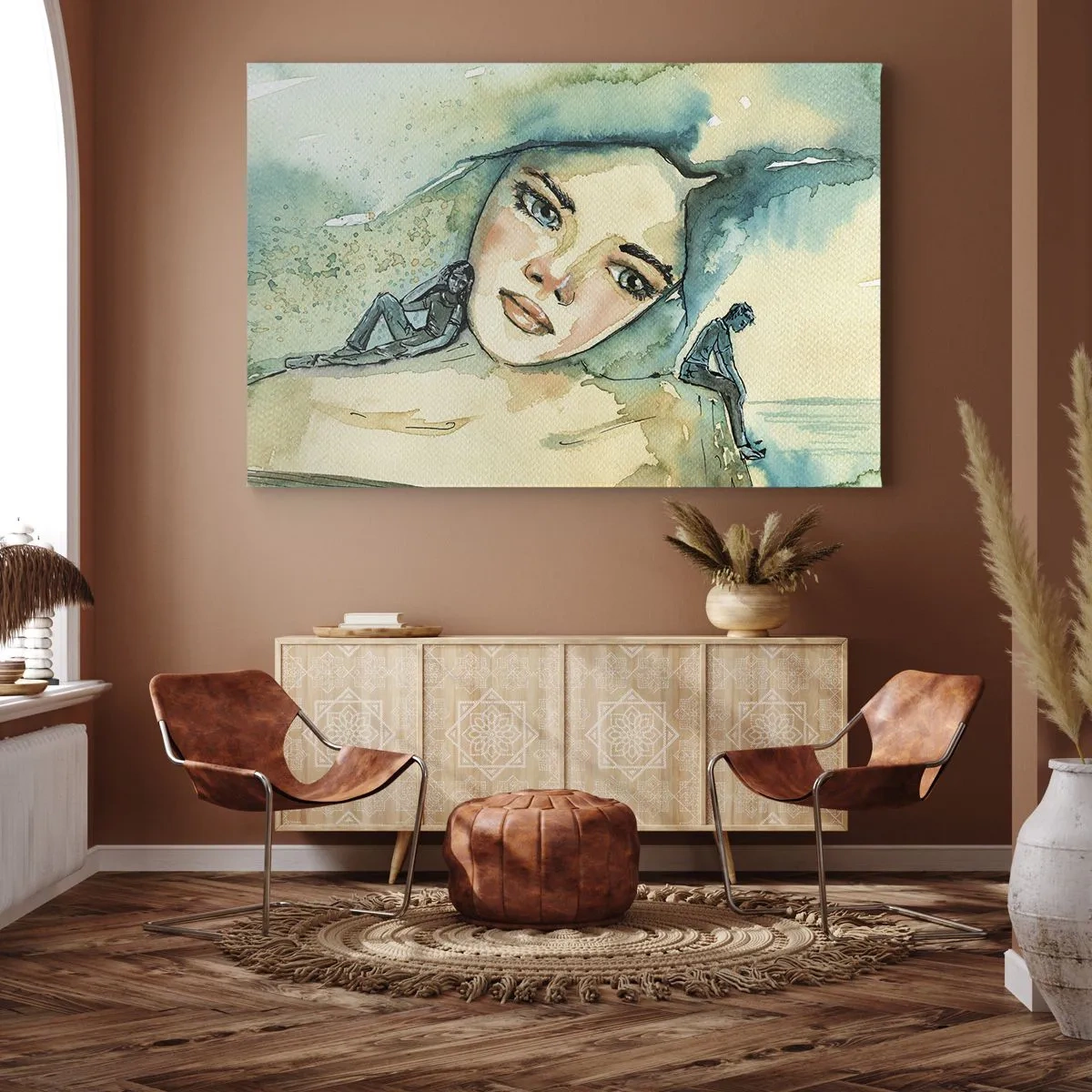 Schilderen op canvas - Aquarel van een vrouwengezicht met een reflecterend motief - 70x50cm - Ben ik blauw? - Moderne wanddecoratie voor woonkamer en slaapkamer ARTTOR