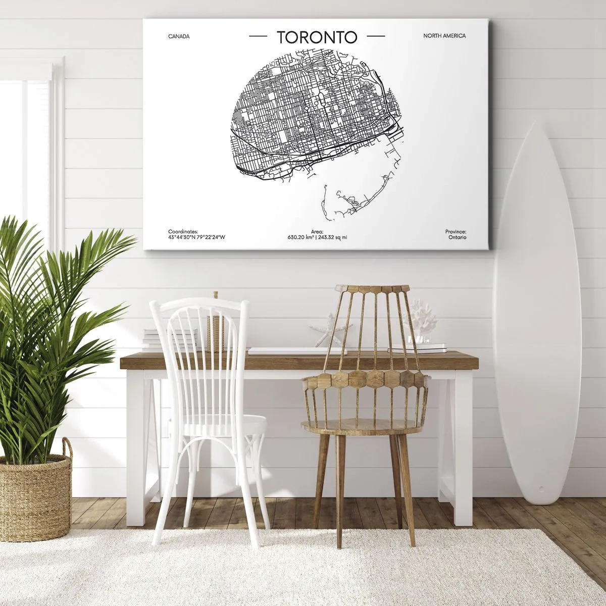 Schilderen op canvas - Een kaart van Toronto in minimalistische zwart-witstijl - 70x50cm - Anatomie van Toronto - Moderne wanddecoratie voor woonkamer en slaapkamer ARTTOR