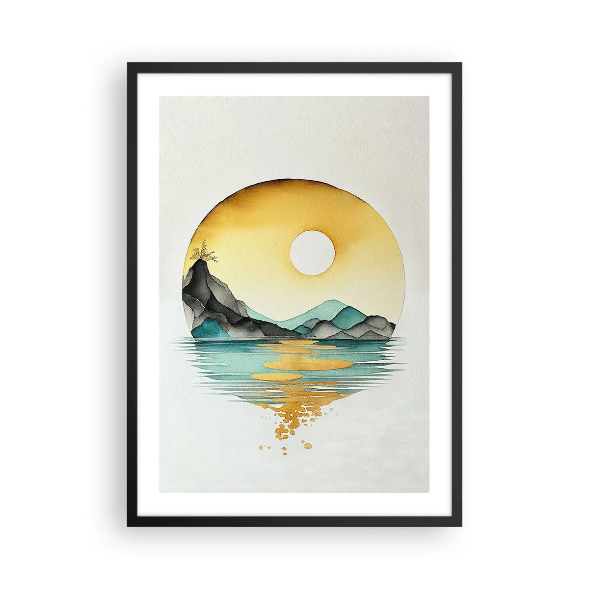 Poster in een zwarte lijst - Een minimalistisch landschap van bergen boven water in gouden kleuren - 50x70cm - In de cirkel van schoonheid - Moderne wanddecoratie voor woonkamer en slaapkamer ARTTOR