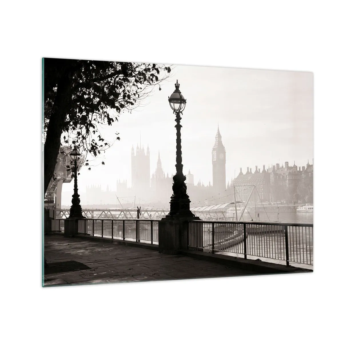 Schilderen op glas - Zwart-witfoto van de promenade van Londen met de Big Ben - 70x50cm - Ochtend in Londen - Moderne wanddecoratie voor woonkamer en slaapkamer ARTTOR