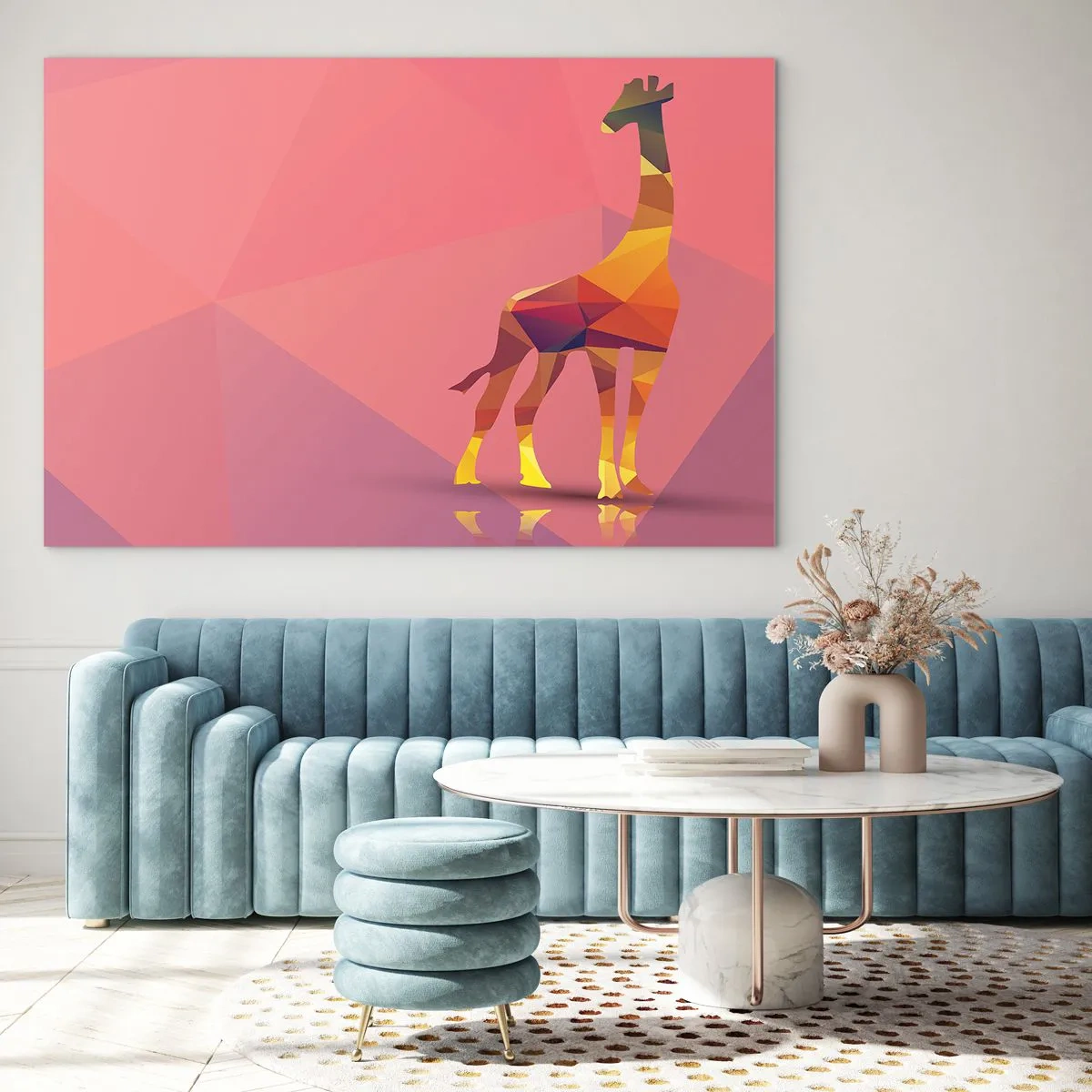 Schilderen op glas - Geometrische giraf op een pastelachtergrond - 70x50cm - In de kleuren van de savanne - Moderne wanddecoratie voor woonkamer en slaapkamer ARTTOR