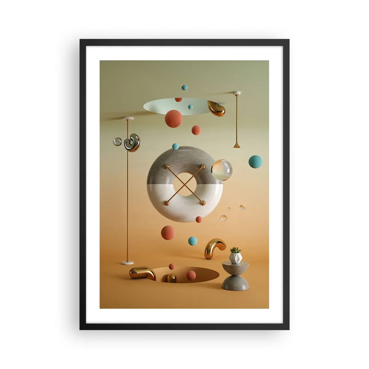 Poster in een zwarte lijst - Een abstracte compositie van geometrische vormen in warme kleuren. - 50x70cm - Er kan van alles gebeuren - Moderne wanddecoratie voor woonkamer en slaapkamer ARTTOR