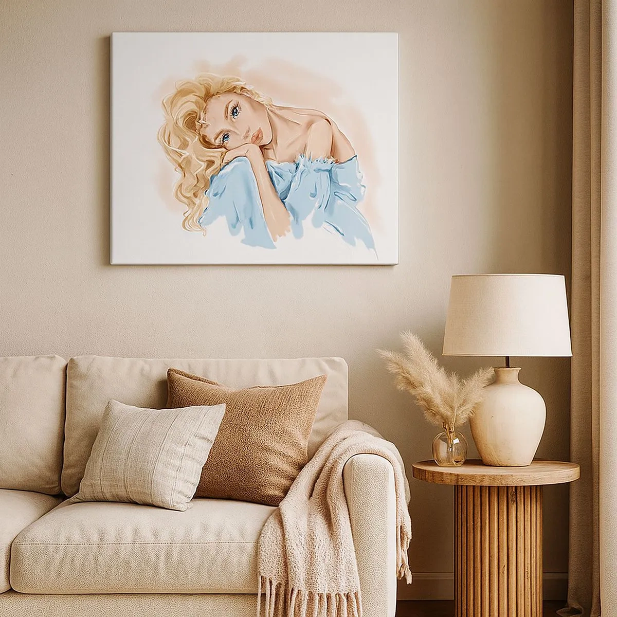 Schilderen op canvas - Portret van een vrouw in een blauwe jurk met blond haar - 70x50cm - Dromerig in het blauw - Moderne wanddecoratie voor woonkamer en slaapkamer ARTTOR