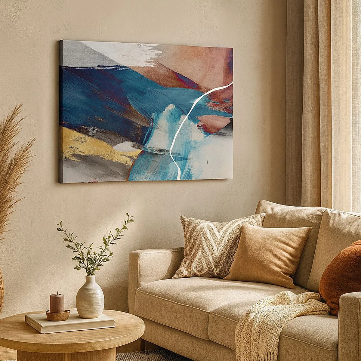 Schilderen op canvas - Abstracte penseelstreken in tinten blauw en goud - 70x50cm - Met panache en energie - Moderne wanddecoratie voor woonkamer en slaapkamer ARTTOR