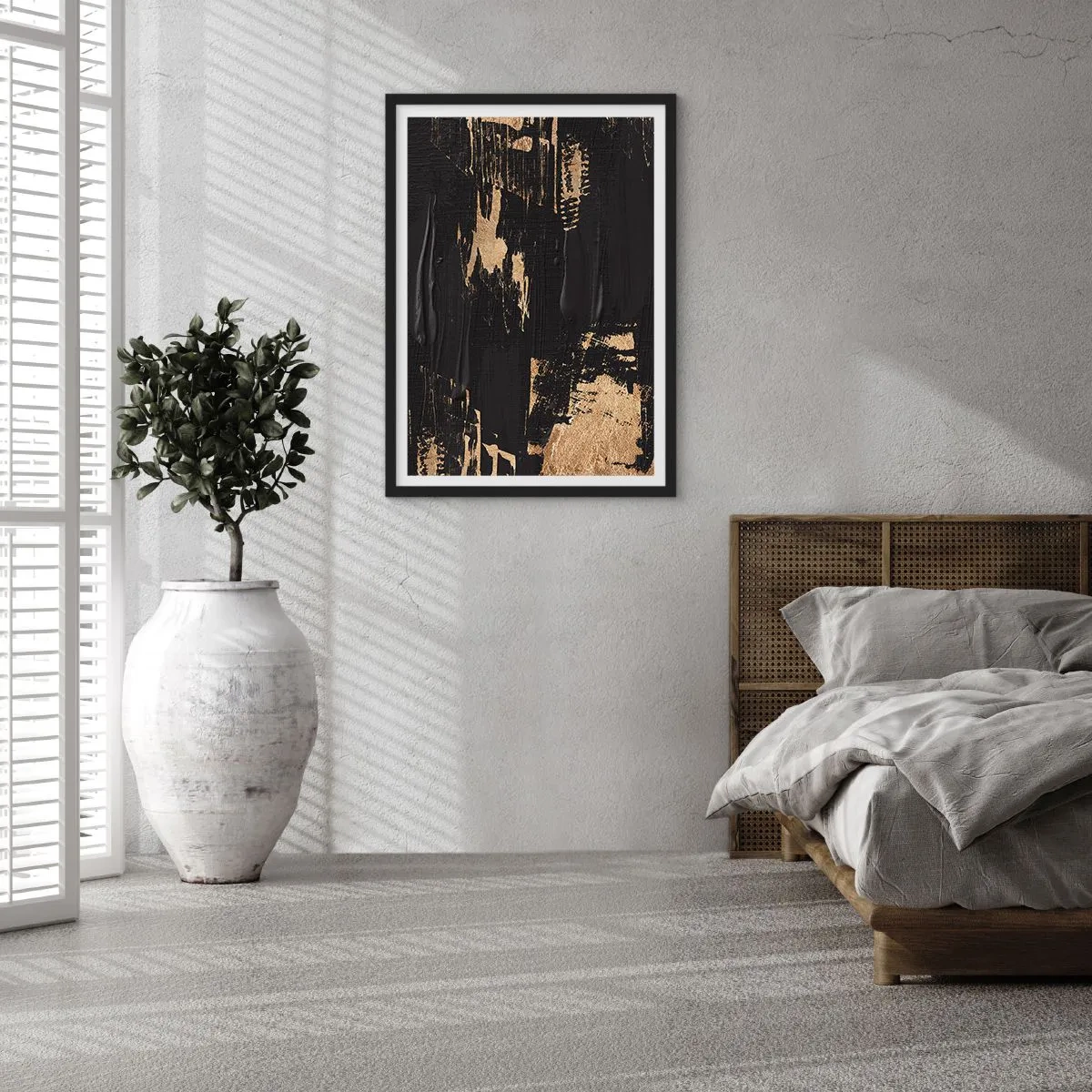 Poster in een zwarte lijst - Abstracte schildercompositie in zwart en goud - 50x70cm - Spoor van aanraking - Moderne wanddecoratie voor woonkamer en slaapkamer ARTTOR