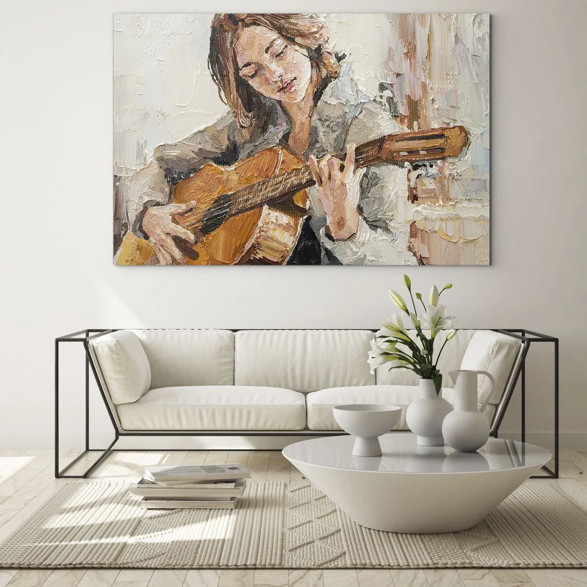 Schilderen op glas - Een meisje speelt gitaar in een impressionistische stijl - 70x50cm - Concerto voor gitaar en een meisjeshart - Moderne wanddecoratie voor woonkamer en slaapkamer ARTTOR