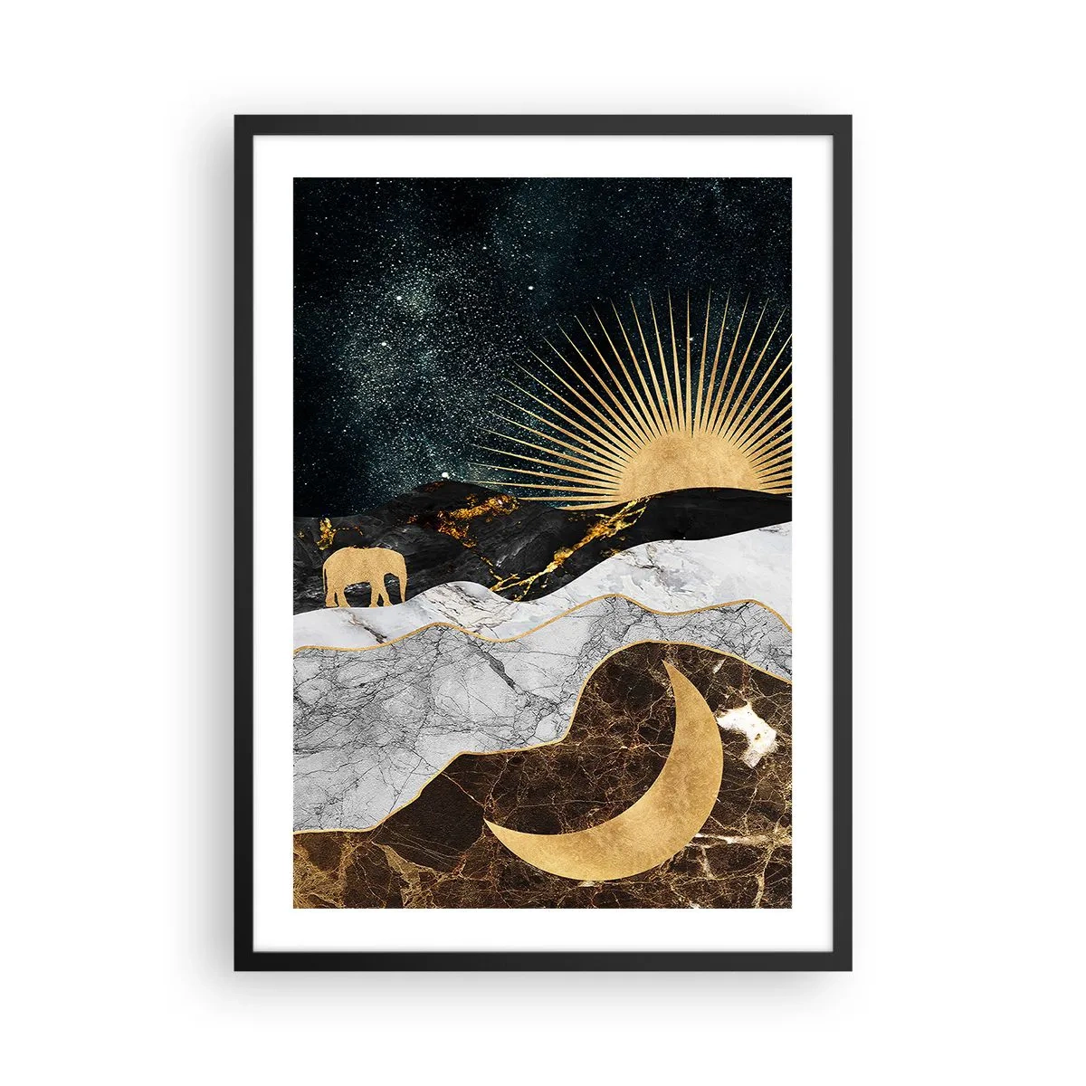 Poster in een zwarte lijst - Gouden landschap met de maan, de zon en het silhouet van een olifant - 50x70cm - Eeuwige wetten - Moderne wanddecoratie voor woonkamer en slaapkamer ARTTOR