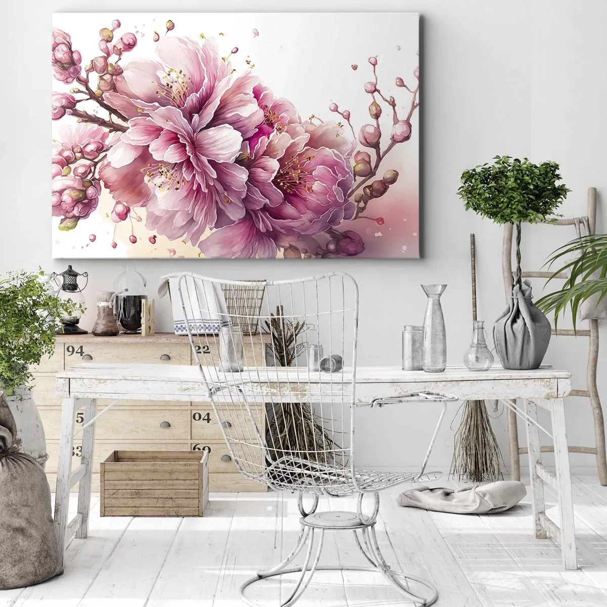 Schilderen op canvas - Tedere kersenbloesems in volle bloei tegen een lichte achtergrond - 70x50cm - Kersenbloesem - Moderne wanddecoratie voor woonkamer en slaapkamer ARTTOR
