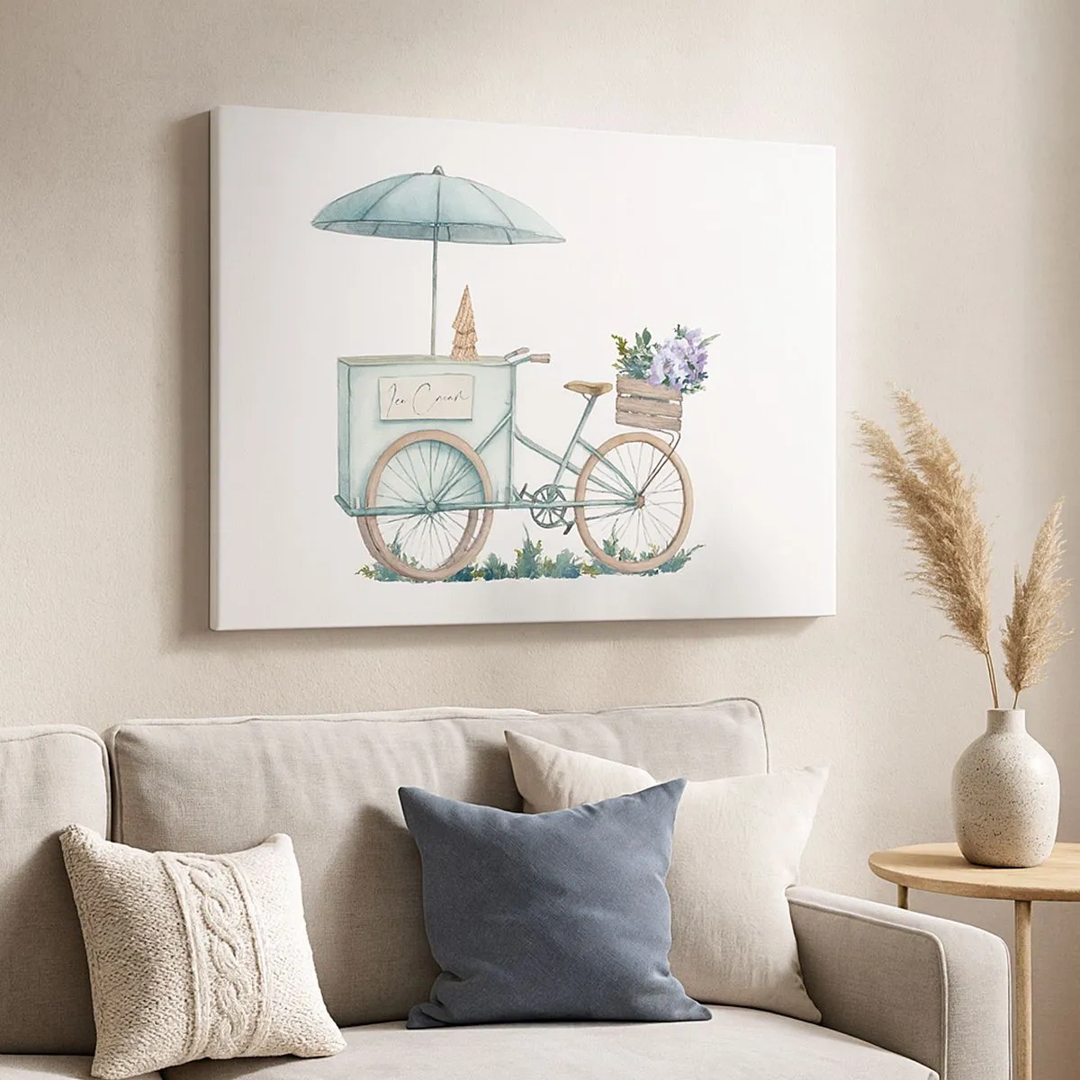 Schilderen op canvas - Een fiets met ijs en bloemen onder een paraplu in delicate pastelkleuren - 70x50cm - Zoete herinnering aan de zomer - Moderne wanddecoratie voor woonkamer en slaapkamer ARTTOR