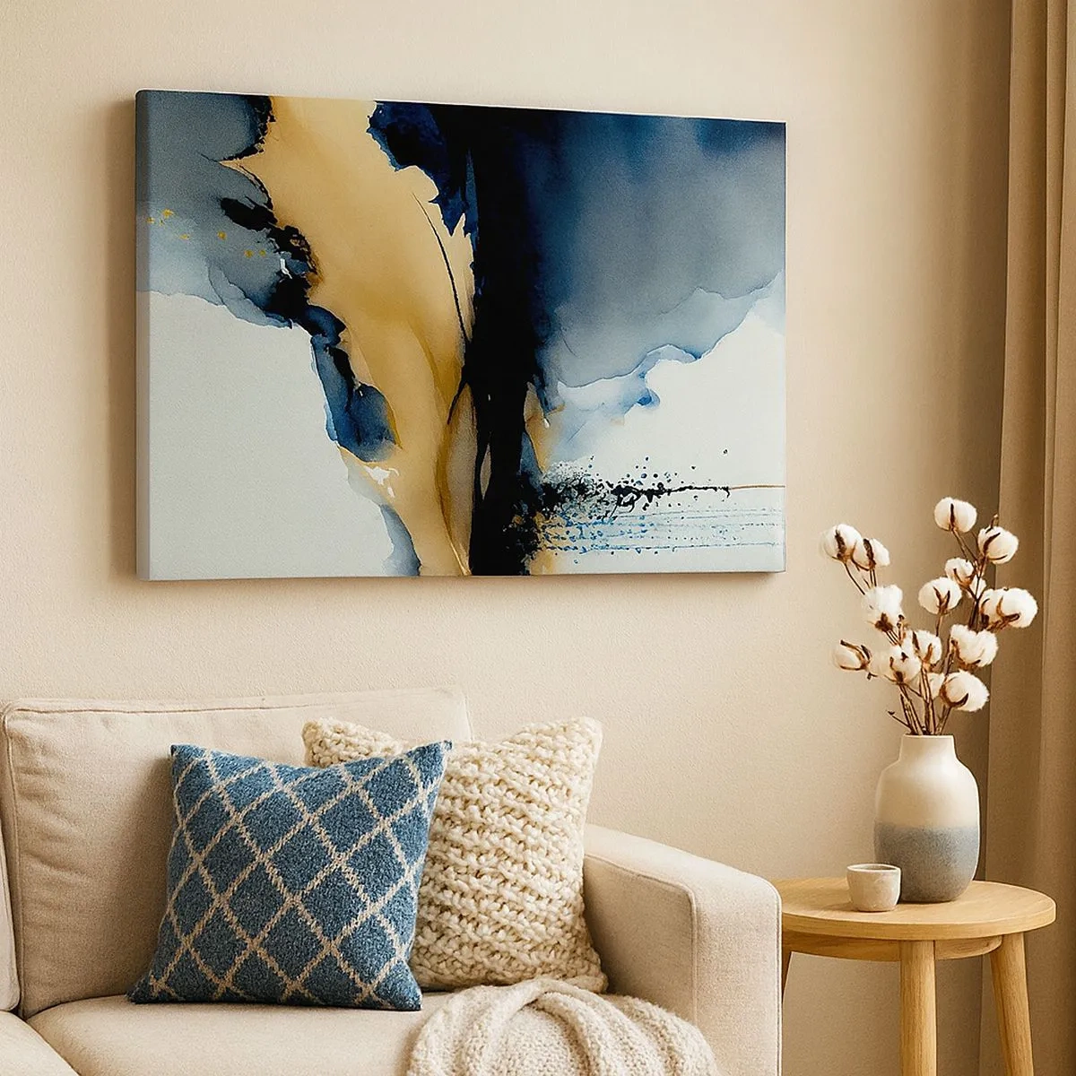 Schilderen op canvas - Een abstracte compositie in tinten marineblauw en goud - 70x50cm - Achter het gordijn - Moderne wanddecoratie voor woonkamer en slaapkamer ARTTOR