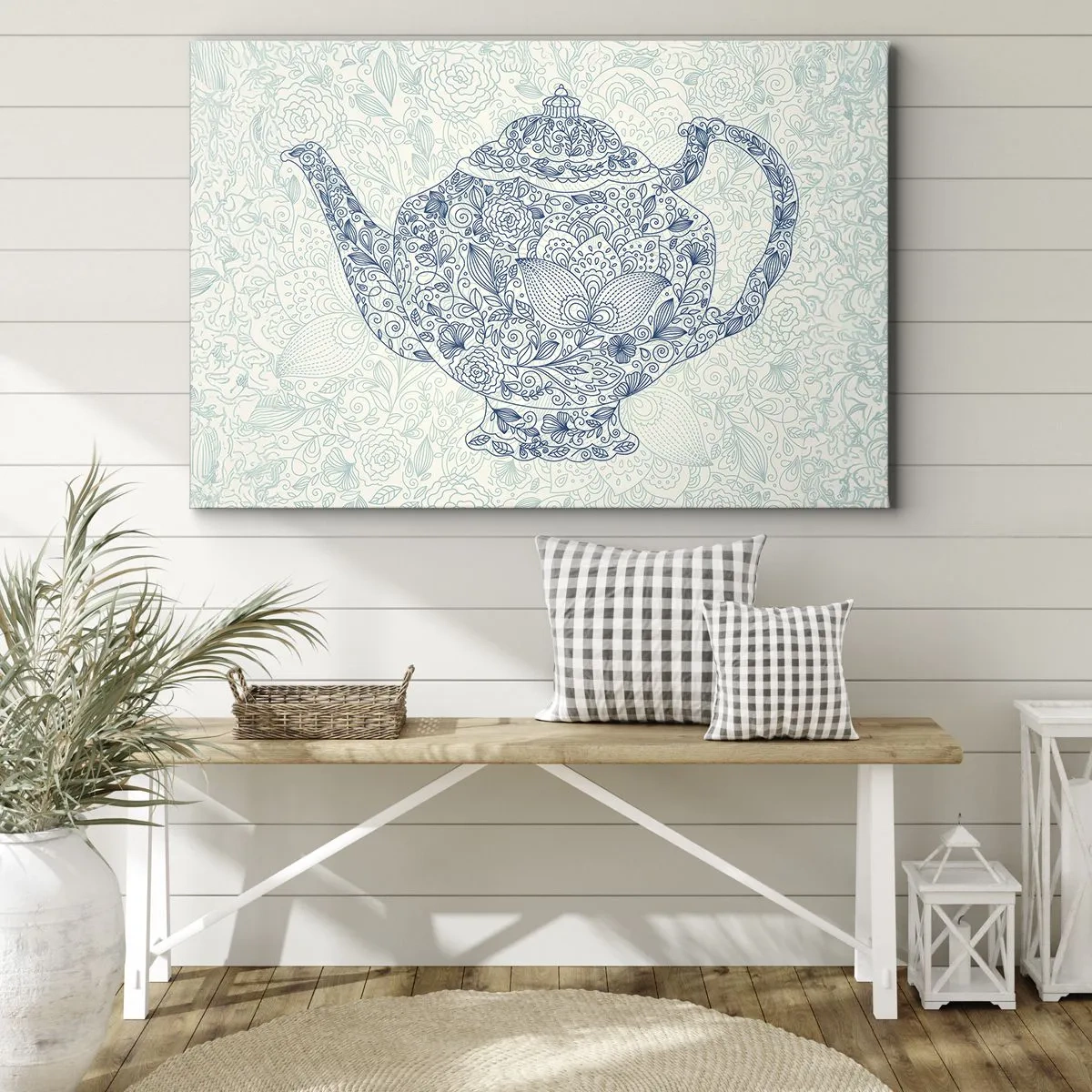 Schilderen op canvas - Decoratieve tekening van een theepot met blauwe ornamenten - 70x50cm - De charme van thee - Moderne wanddecoratie voor woonkamer en slaapkamer ARTTOR