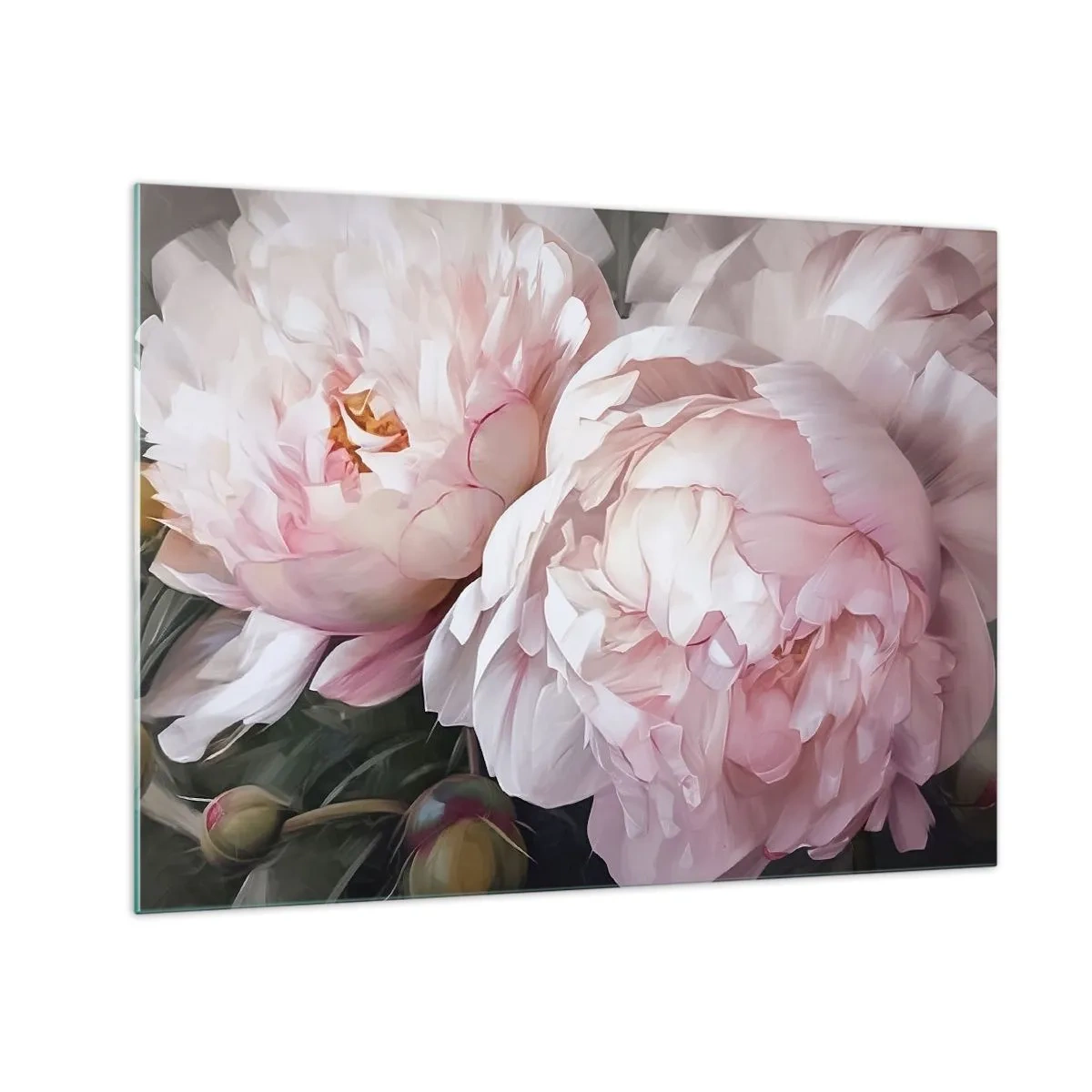 Schilderen op glas - Delicate pioenrozen in een lichtroze tint van dichtbij - 70x50cm - In bloei gestopt - Moderne wanddecoratie voor woonkamer en slaapkamer ARTTOR