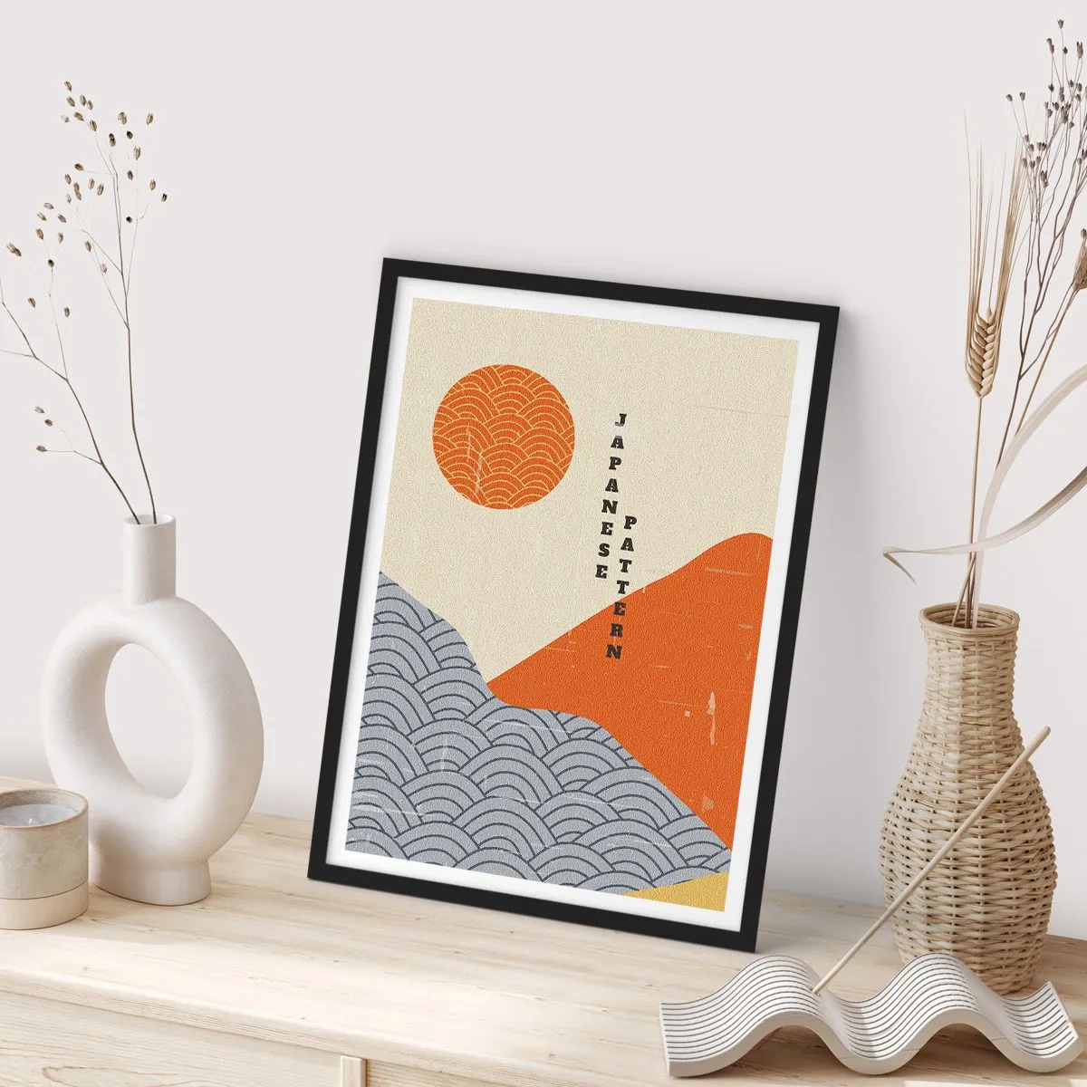 Poster in een zwarte lijst - Minimalistisch Japans patroon met golven en zon - 50x70cm - In de Japanse spirit - Moderne wanddecoratie voor woonkamer en slaapkamer ARTTOR