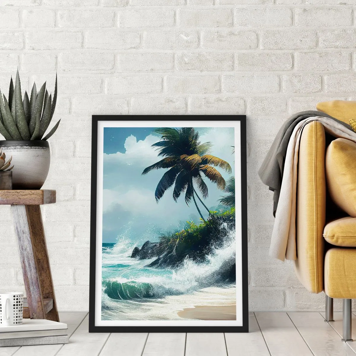Poster in een zwarte lijst - Tropisch strand met palmbomen en een ruige oceaan - 50x70cm - Op een tropische kust - Moderne wanddecoratie voor woonkamer en slaapkamer ARTTOR