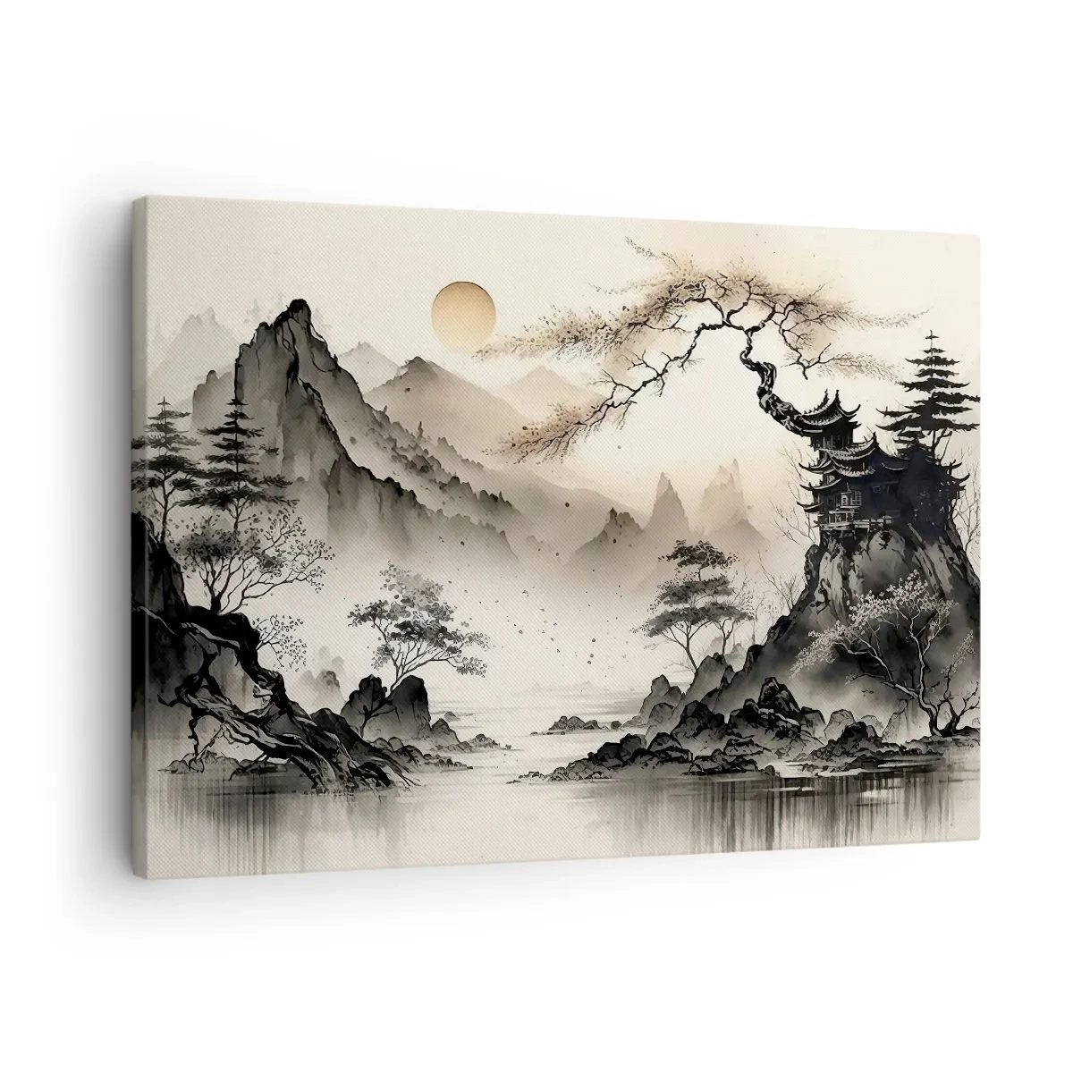 Schilderen op canvas - Een oosters landschap met bergen en een pagode in delicate tinten. - 70x50cm - De unieke charme van het Oosten - Moderne wanddecoratie voor woonkamer en slaapkamer ARTTOR