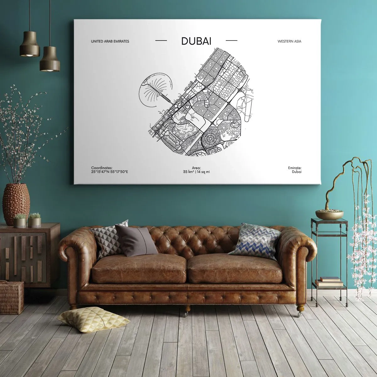 Schilderen op canvas - Een minimalistische zwart-witkaart van Dubai met locatiemarkeringen. - 70x50cm - Anatomie van Dubai - Moderne wanddecoratie voor woonkamer en slaapkamer ARTTOR