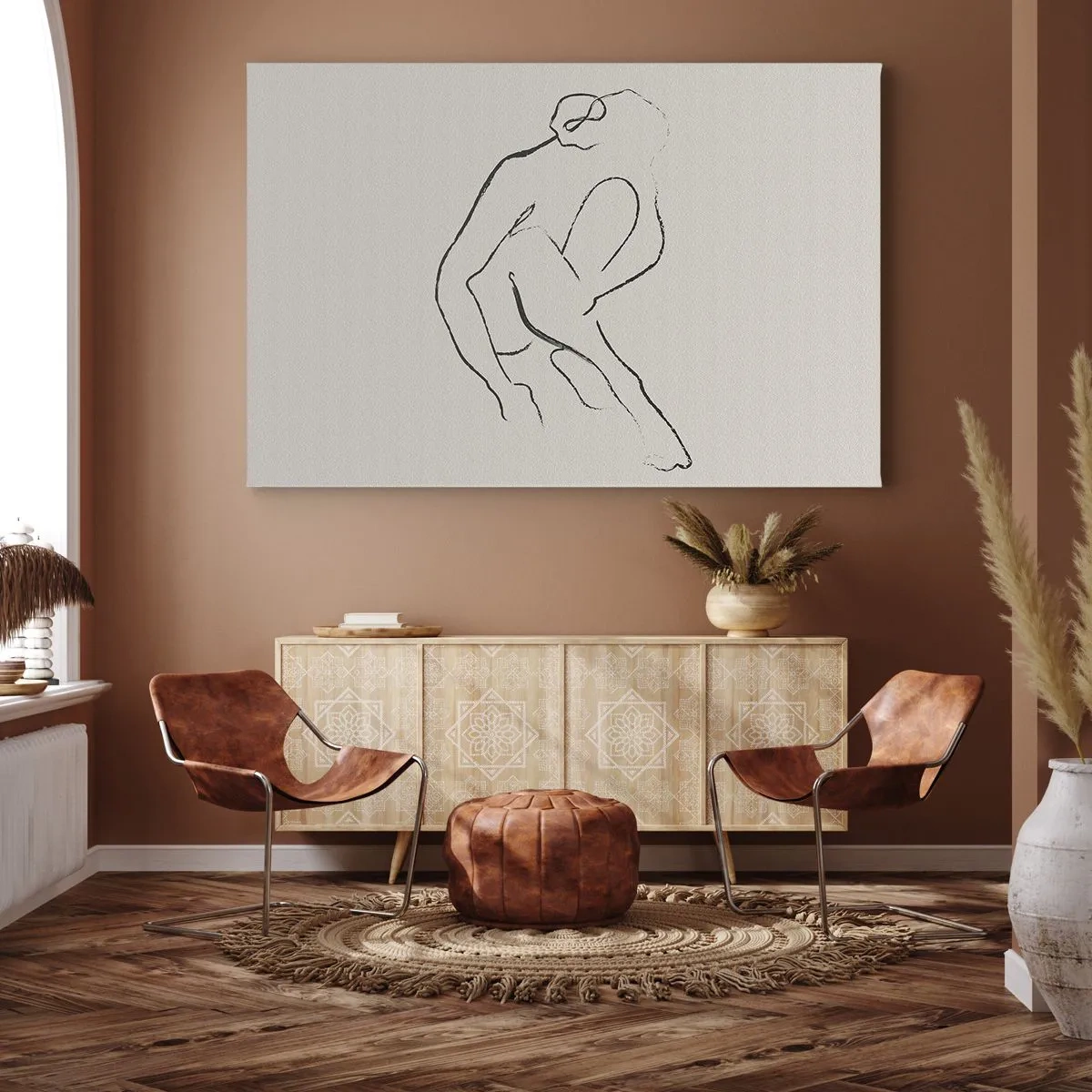 Schilderen op canvas - Een minimalistisch silhouet in zwart op een lichte achtergrond - 70x50cm - Intieme schets - Moderne wanddecoratie voor woonkamer en slaapkamer ARTTOR