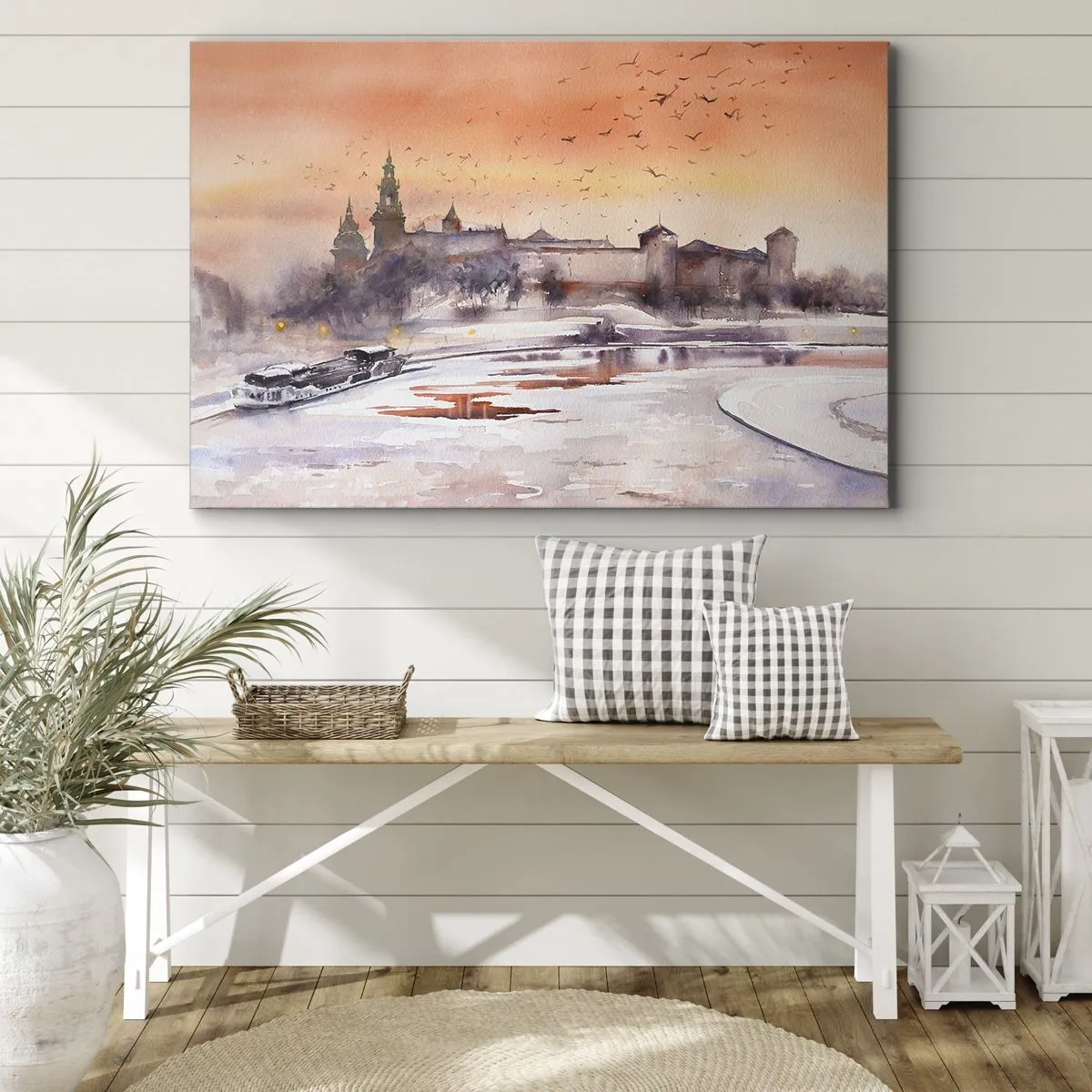 Schilderen op canvas - Zonsondergang boven het kasteel in een winterlandschap - 70x50cm - Koninklijke zonsondergang - Moderne wanddecoratie voor woonkamer en slaapkamer ARTTOR