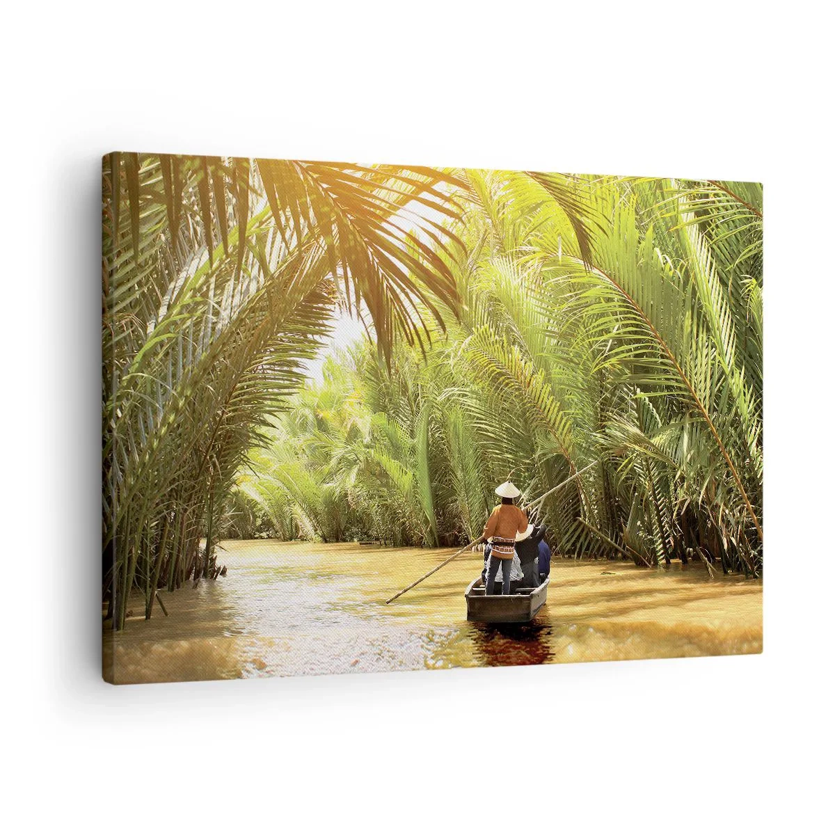 Schilderen op canvas - Een boot op een rivier omgeven door tropische vegetatie - 70x50cm - Een palmravijn langs - Moderne wanddecoratie voor woonkamer en slaapkamer ARTTOR