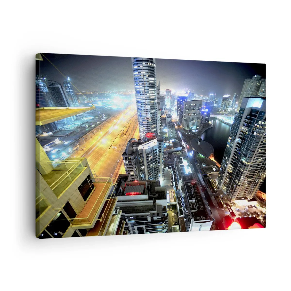 Schilderen op canvas - Panorama van de nachtelijke stad met verlichte wolkenkrabbers - 70x50cm - Een wonder in de woestijn - Moderne wanddecoratie voor woonkamer en slaapkamer ARTTOR