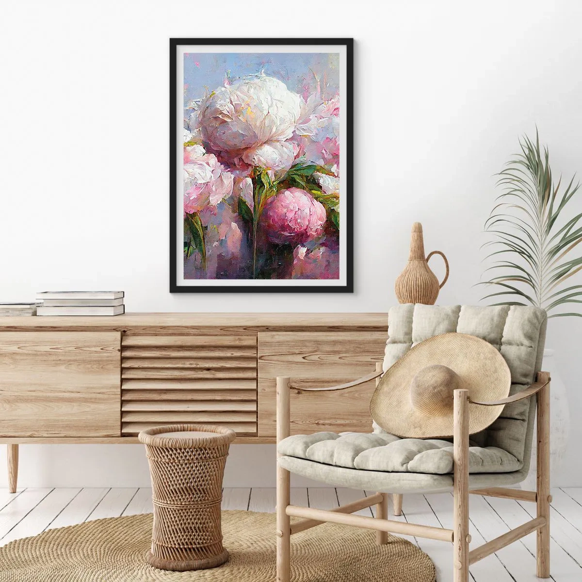 Poster in een zwarte lijst - Pioenrozen in een romantische, schilderachtige compositie - 50x70cm - Een boeket vol leven - Moderne wanddecoratie voor woonkamer en slaapkamer ARTTOR