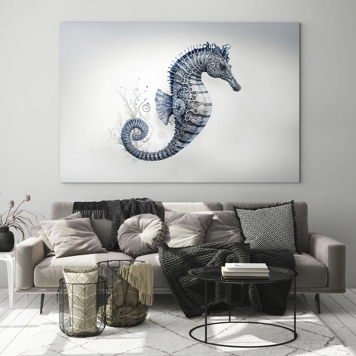 Schilderen op glas - Blauw zeepaardje op een lichte achtergrond in een tekenstijl - 70x50cm - Een subtiele grap van de natuur - Moderne wanddecoratie voor woonkamer en slaapkamer ARTTOR