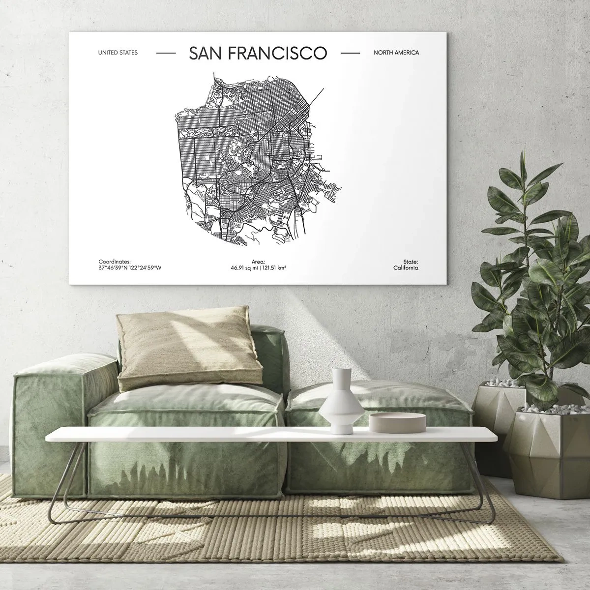 Schilderen op glas - Een minimalistische stratenkaart van San Francisco - 70x50cm - Anatomie van San Francisco - Moderne wanddecoratie voor woonkamer en slaapkamer ARTTOR