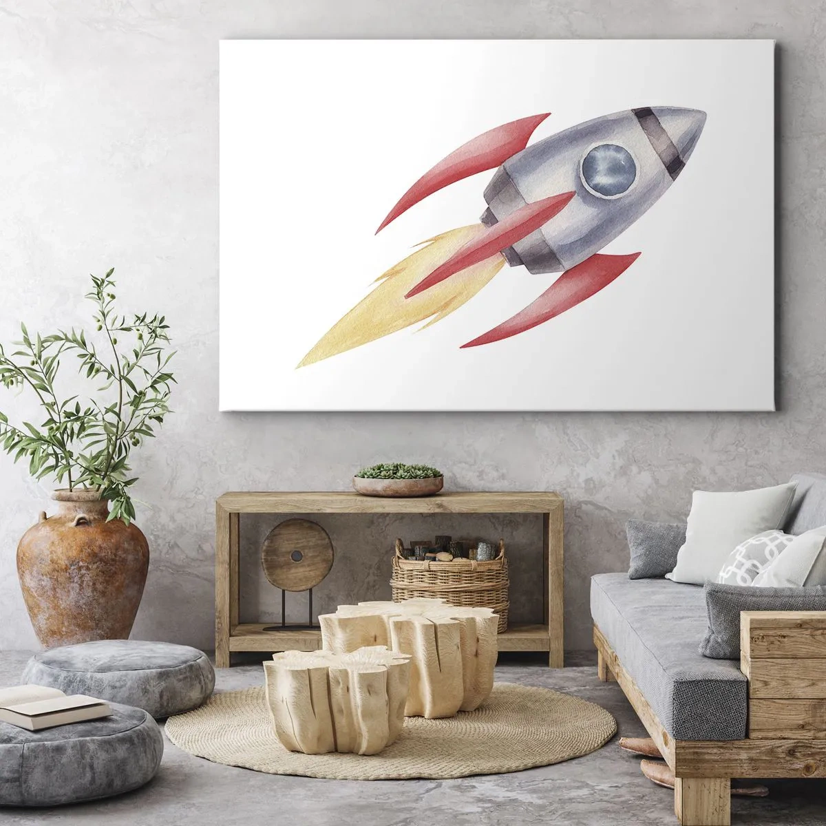 Schilderen op canvas - Raket in aquarelstijl op een witte achtergrond - 70x50cm - Hoger, sneller, verder - Moderne wanddecoratie voor woonkamer en slaapkamer ARTTOR