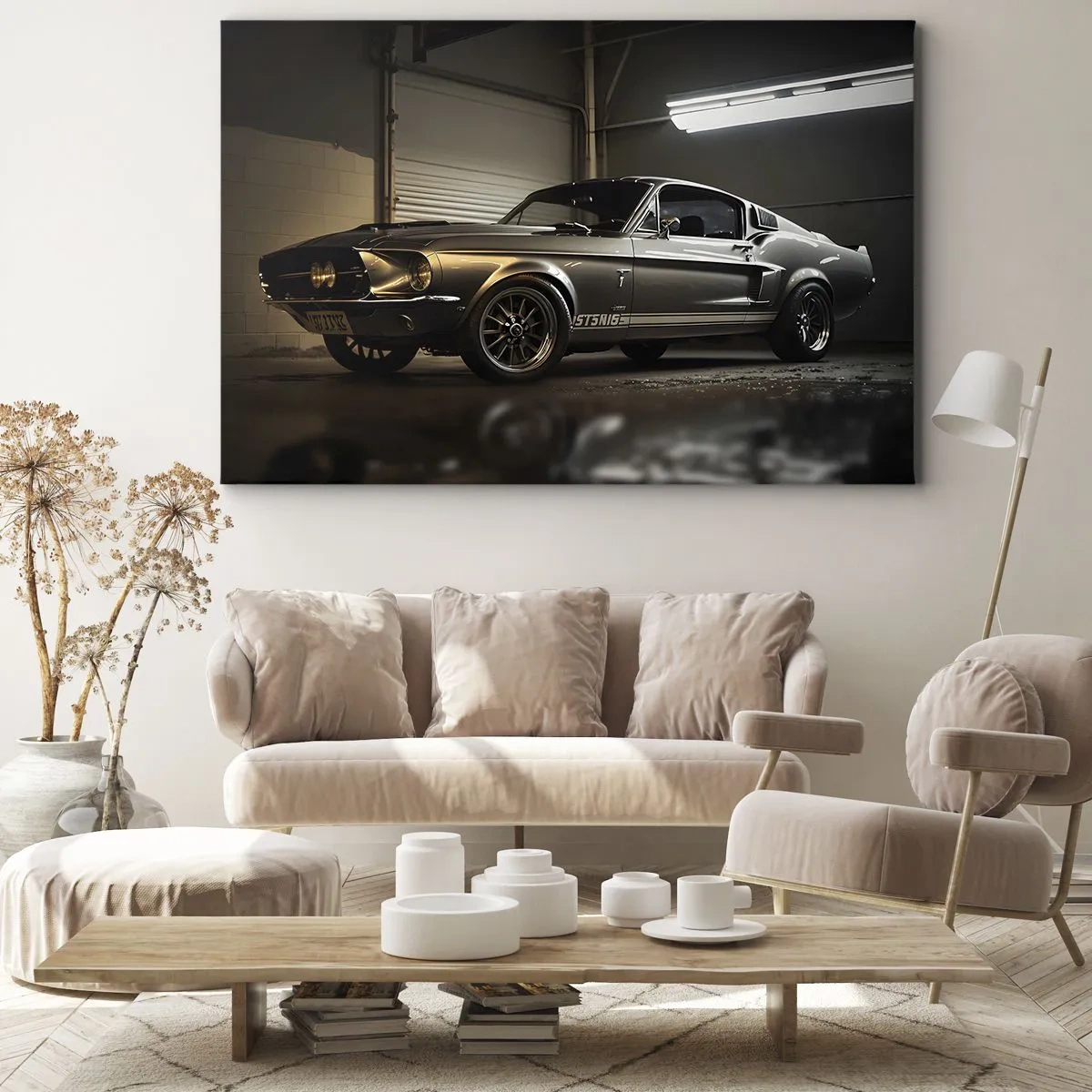 Schilderen op canvas - Klassieke auto in retrogarage - 70x50cm - Terug naar het verleden - Moderne wanddecoratie voor woonkamer en slaapkamer ARTTOR