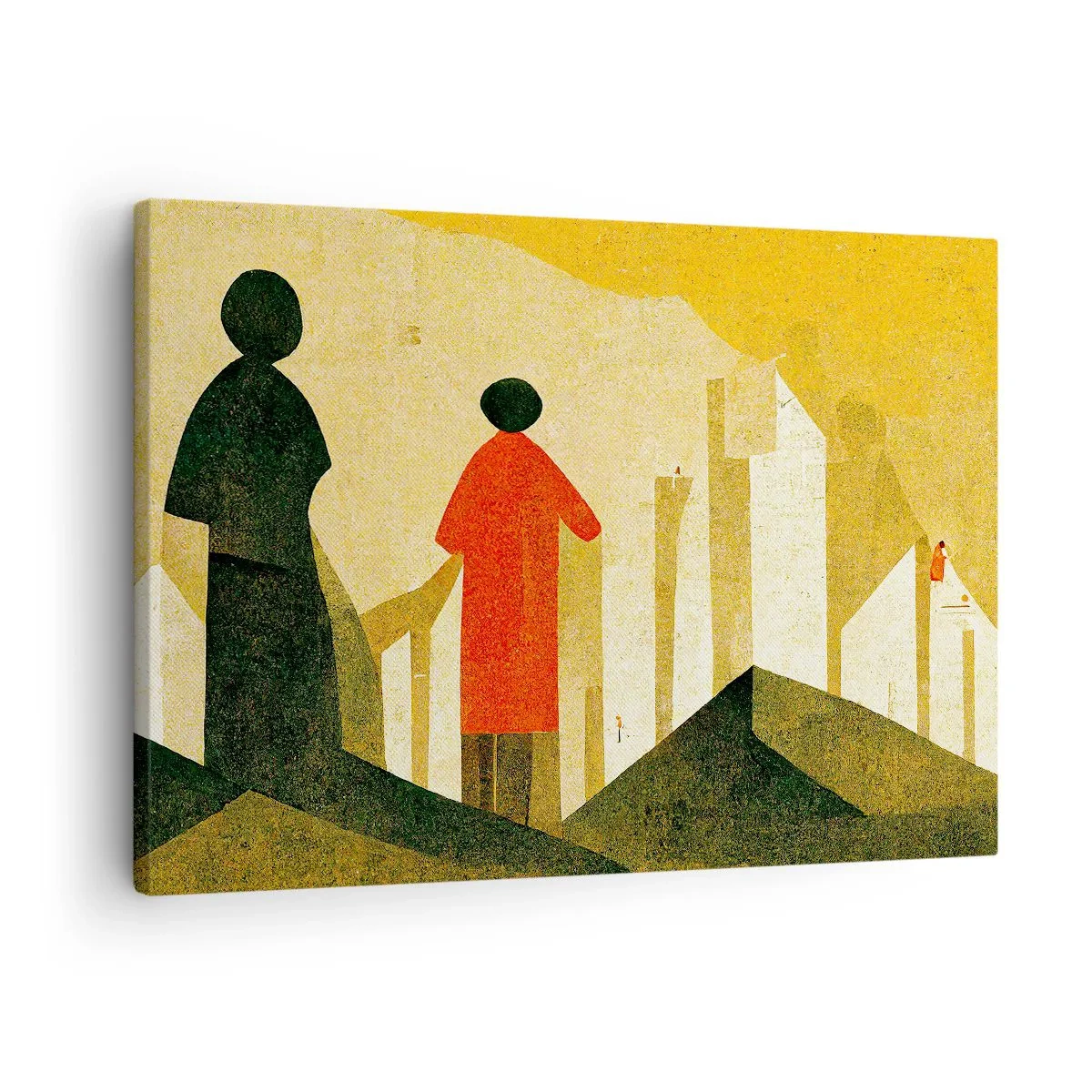 Schilderen op canvas - Geometrische silhouetten in rood en groen op een gele achtergrond - 70x50cm - Er is nog een lange weg te gaan - Moderne wanddecoratie voor woonkamer en slaapkamer ARTTOR