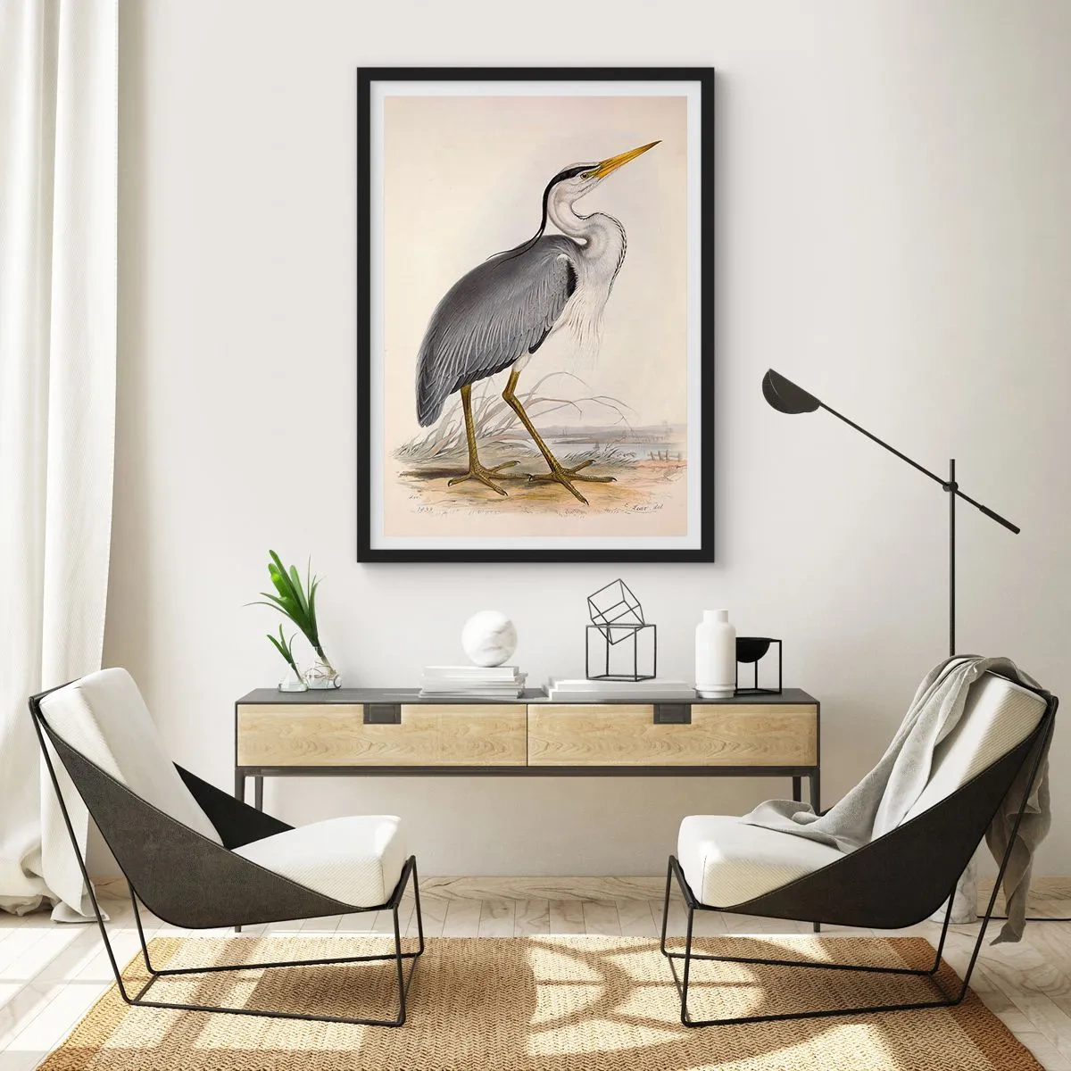 Poster in een zwarte lijst - De gratie van de reiger - 50x70cm - Charmes van de reiger - Moderne wanddecoratie voor woonkamer en slaapkamer ARTTOR