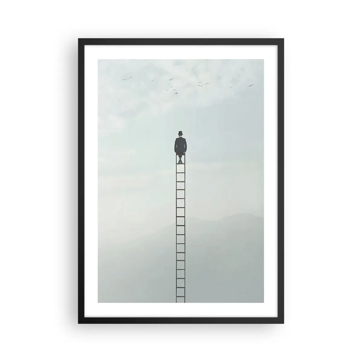 Poster in een zwarte lijst - Man op een ladder die naar de lucht kijkt - 50x70cm - Stap verder op! - Moderne wanddecoratie voor woonkamer en slaapkamer ARTTOR