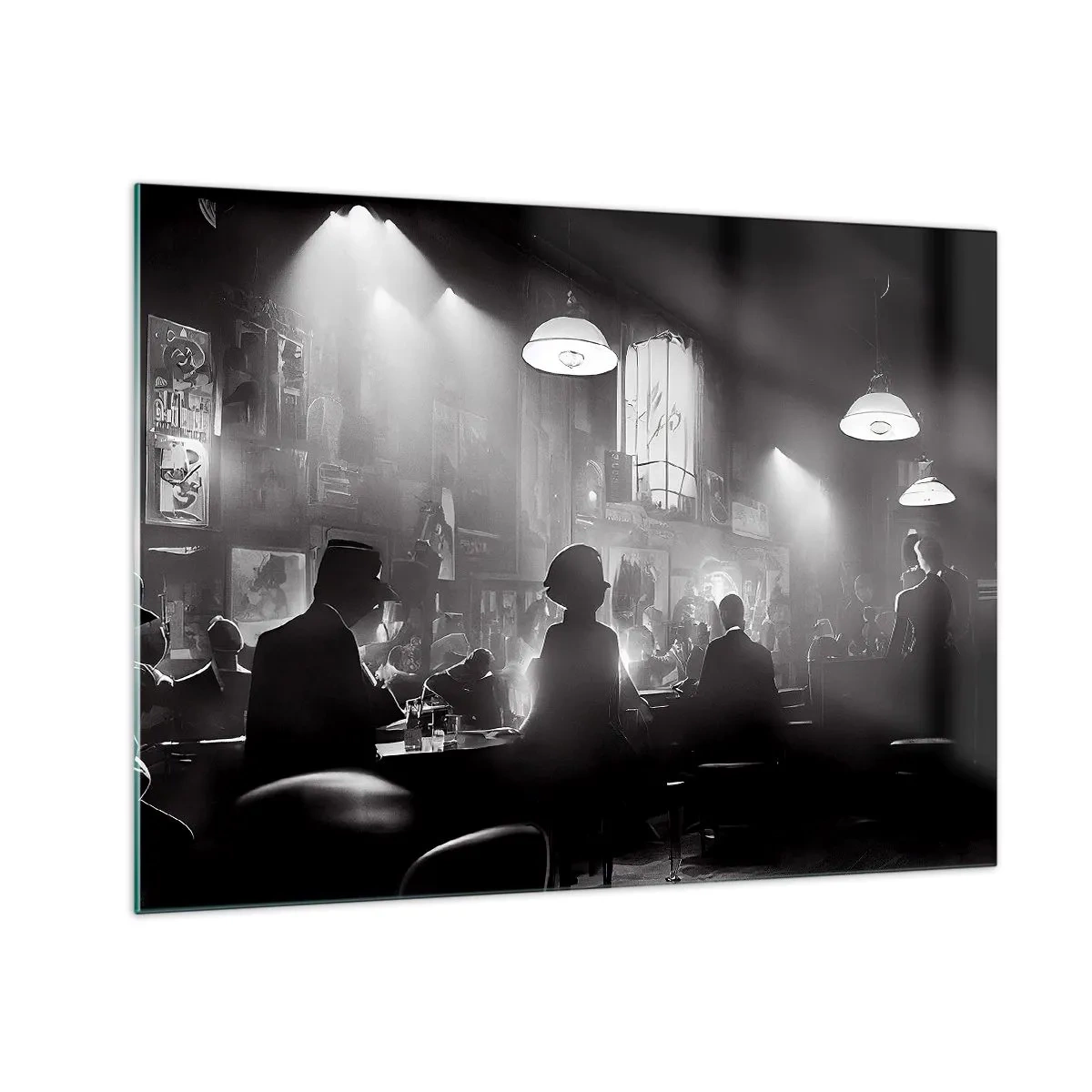 Schilderen op glas - Zwart-wit jazzpodium in een clubinterieur - 70x50cm - In jazz-sfeer - Moderne wanddecoratie voor woonkamer en slaapkamer ARTTOR
