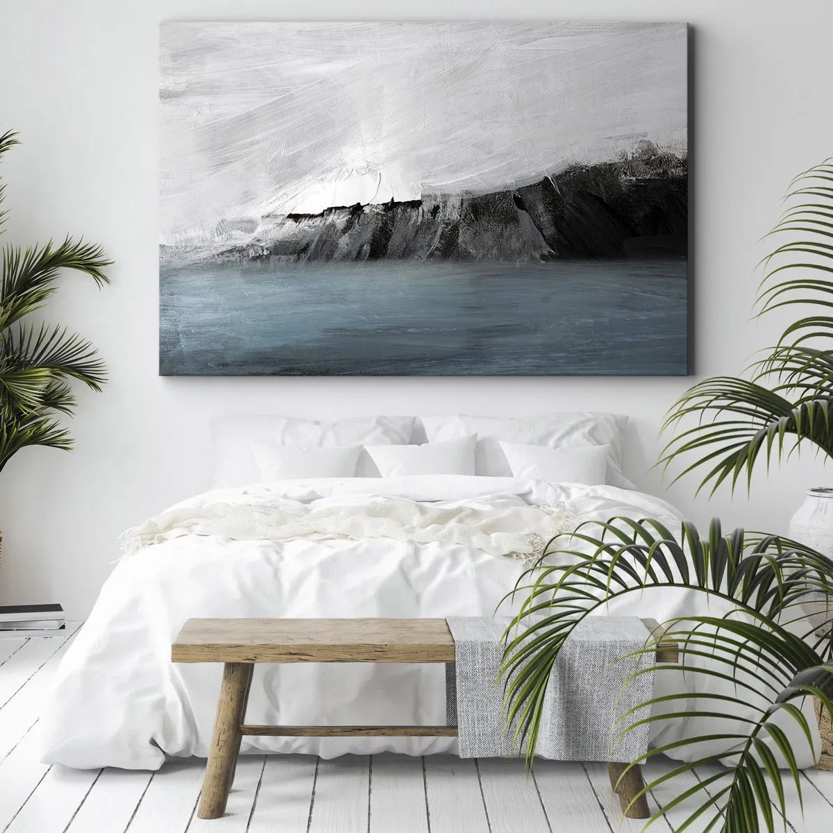 Schilderen op canvas - Abstract landschap met water en een rotsachtige kust - 70x50cm - Water – aarde: botsing der elementen - Moderne wanddecoratie voor woonkamer en slaapkamer ARTTOR