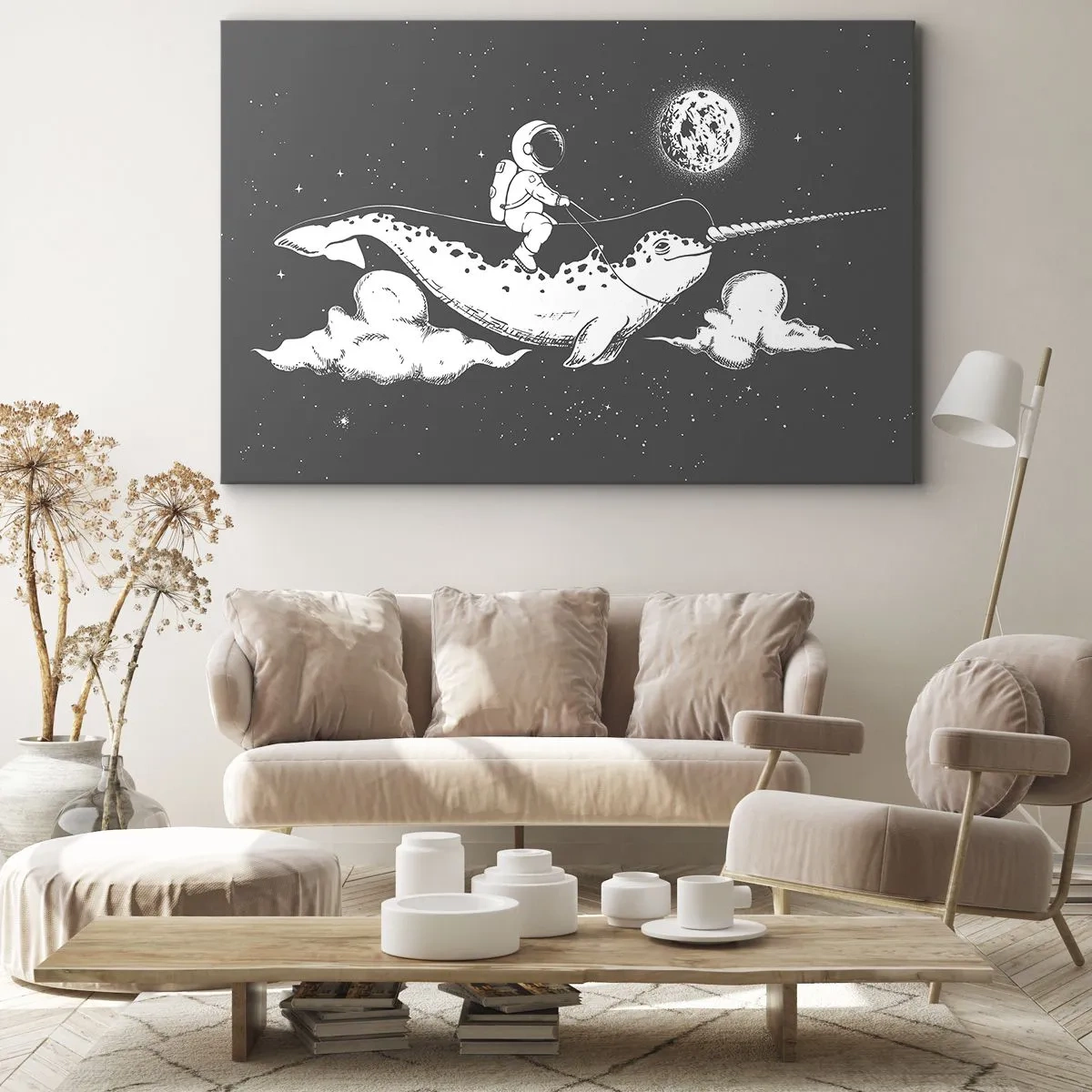 Schilderen op canvas - Een astronaut op de rug van een narwal die zweeft in een ruimtescène. - 70x50cm - Ruimte Ruiter - Moderne wanddecoratie voor woonkamer en slaapkamer ARTTOR