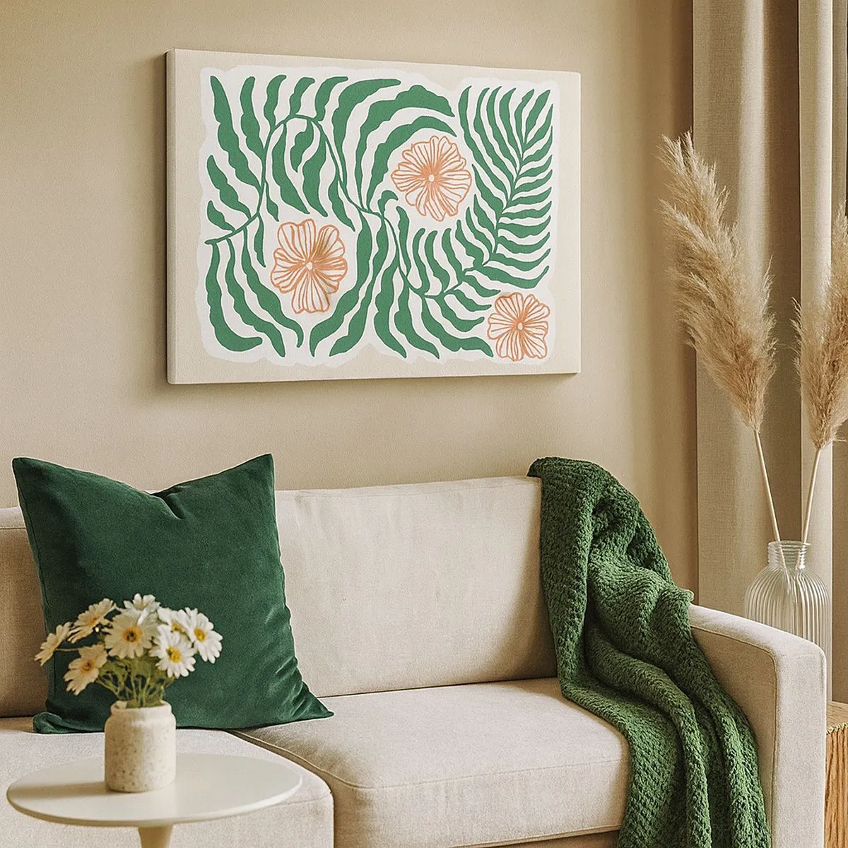 Schilderen op canvas - Een minimalistisch motief van groene bladeren met bloemen in oranje tinten. - 70x50cm - Bloeiend in het groen - Moderne wanddecoratie voor woonkamer en slaapkamer ARTTOR