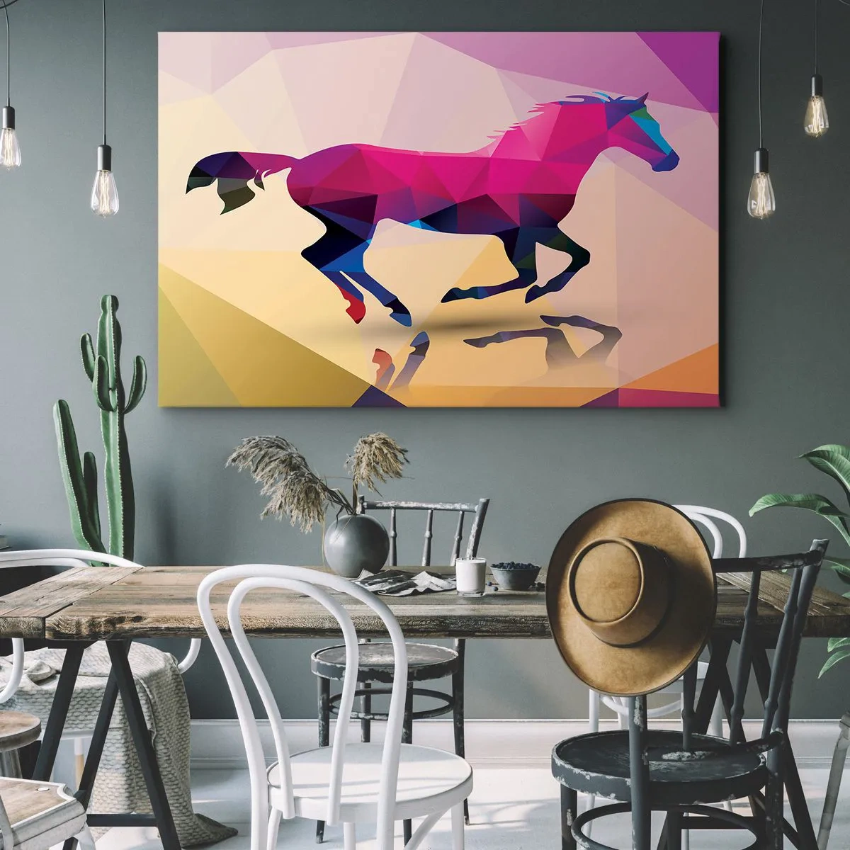Schilderen op canvas - Geometrisch silhouet van een galopperend paard in levendige kleuren - 70x50cm - Kubisme leeft nog - Moderne wanddecoratie voor woonkamer en slaapkamer ARTTOR