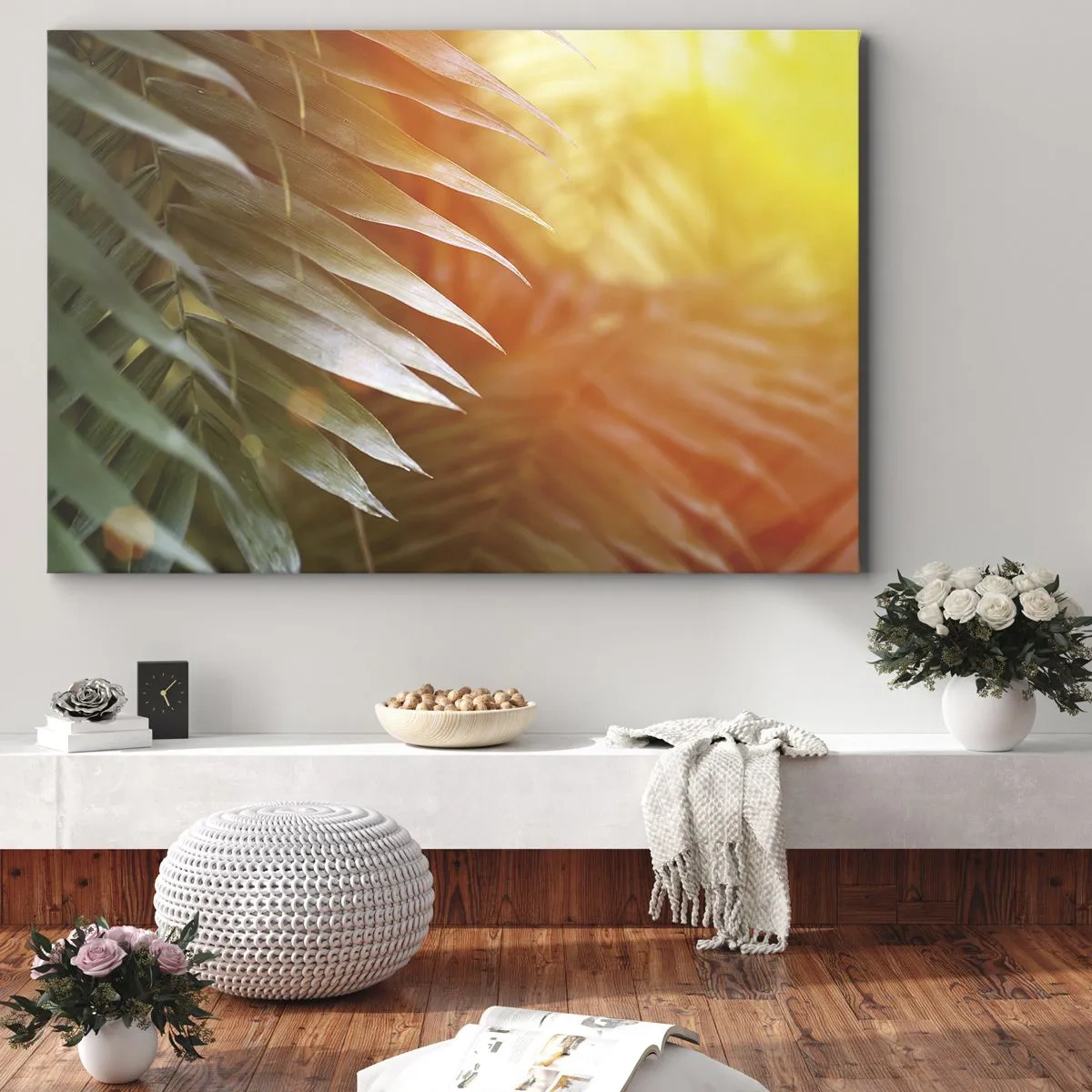 Schilderen op canvas - Palmbladeren in de stralen van de zonsondergang - 70x50cm - Ochtend in de jungle - Moderne wanddecoratie voor woonkamer en slaapkamer ARTTOR