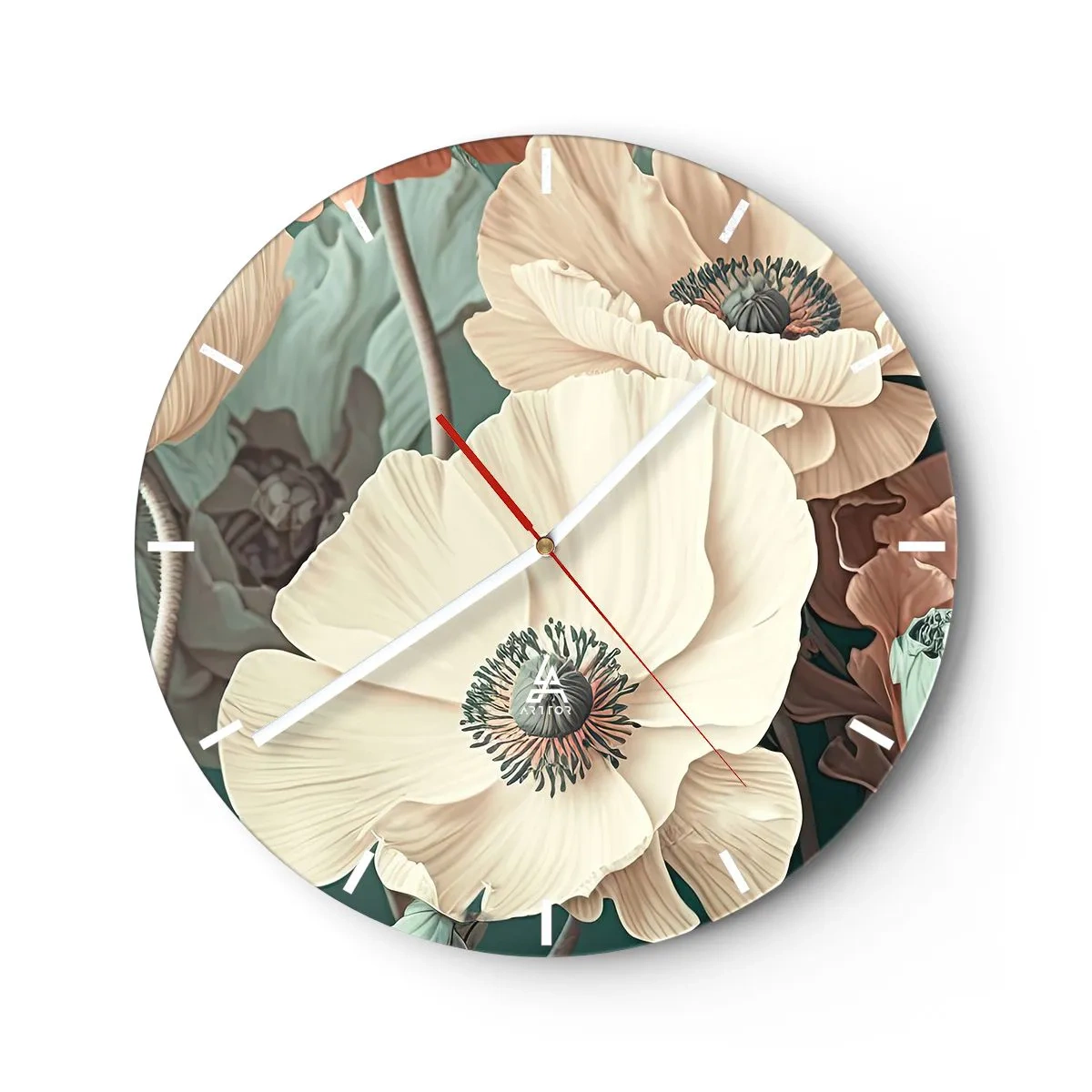 Wandklok - Klok - Crèmekleurige klaprozen tegen een achtergrond van bladeren in een gedempt pastelpalet - 30x30cm - Het gefluister van klaprozen - Moderne wanddecoratie voor woonkamer, keuken en slaapkamer ARTTOR