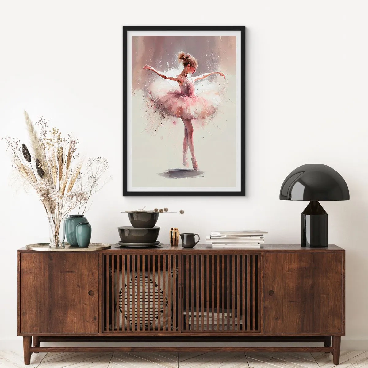 Poster in een zwarte lijst - Ballerina in artistieke beweging - 50x70cm - Als een jonge vogel - Moderne wanddecoratie voor woonkamer en slaapkamer ARTTOR