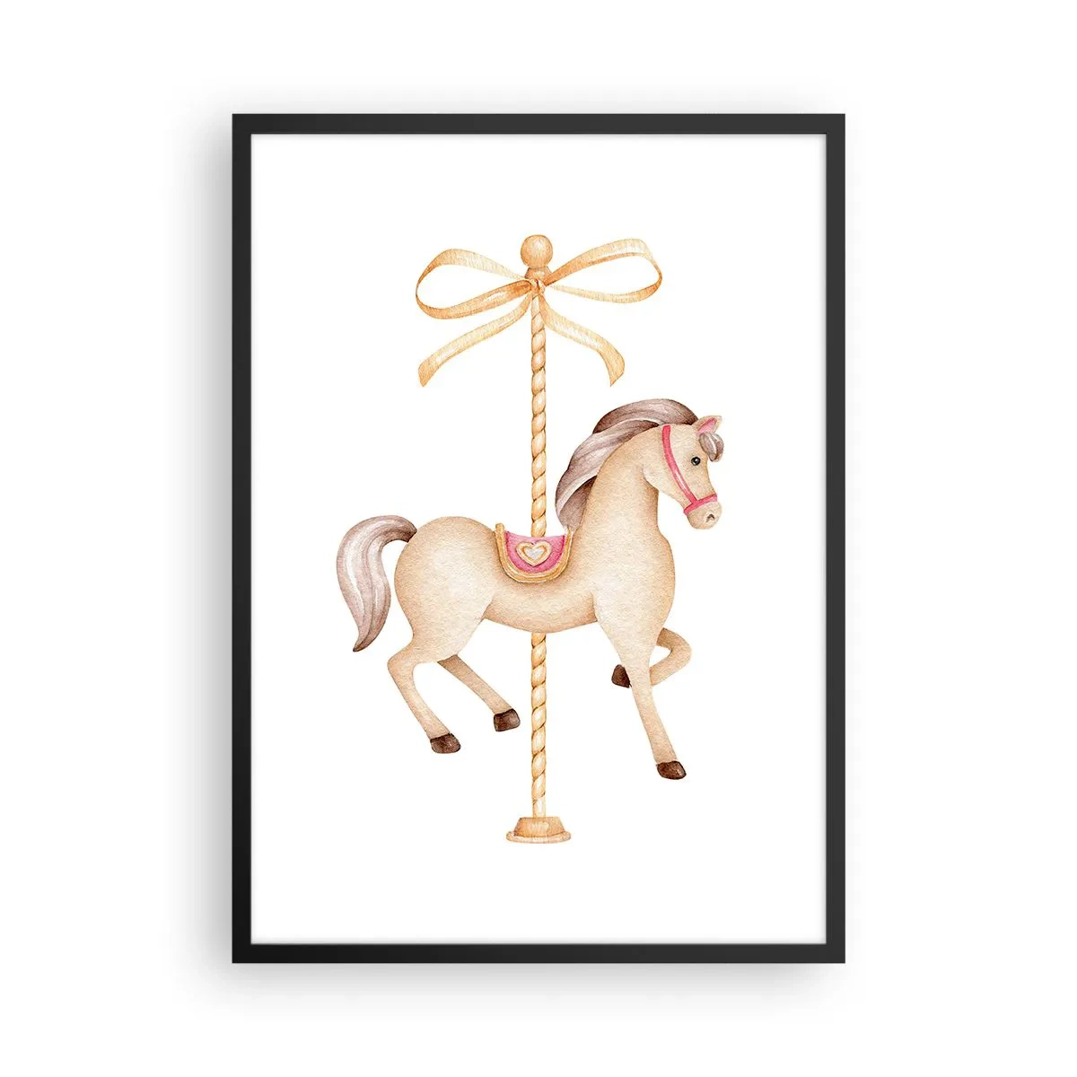 Poster in een zwarte lijst - Een delicate illustratie van een draaimolenpaard in pasteltinten - 50x70cm - Een sierlijke draf - Moderne wanddecoratie voor woonkamer en slaapkamer ARTTOR