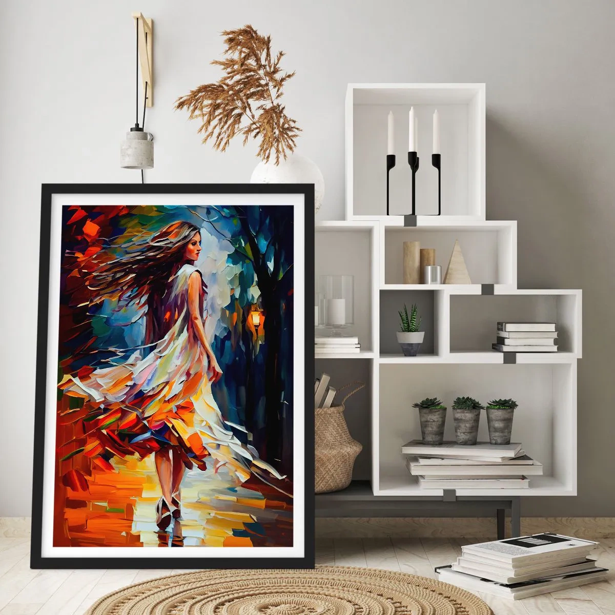 Poster in een zwarte lijst - Een vrouw danst tussen kleurrijke herfstbladeren - 50x70cm - Herfst meisje - Moderne wanddecoratie voor woonkamer en slaapkamer ARTTOR