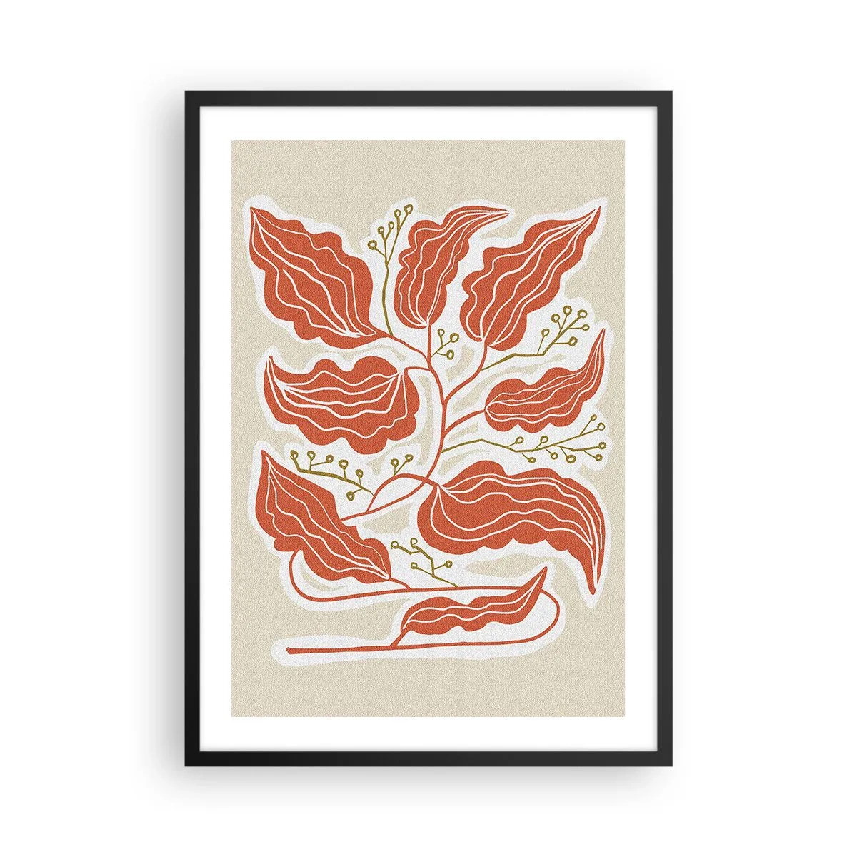 Poster in een zwarte lijst - Een abstracte compositie van bladeren in tinten oranje en beige. - 50x70cm - Folk en koraal - Moderne wanddecoratie voor woonkamer en slaapkamer ARTTOR