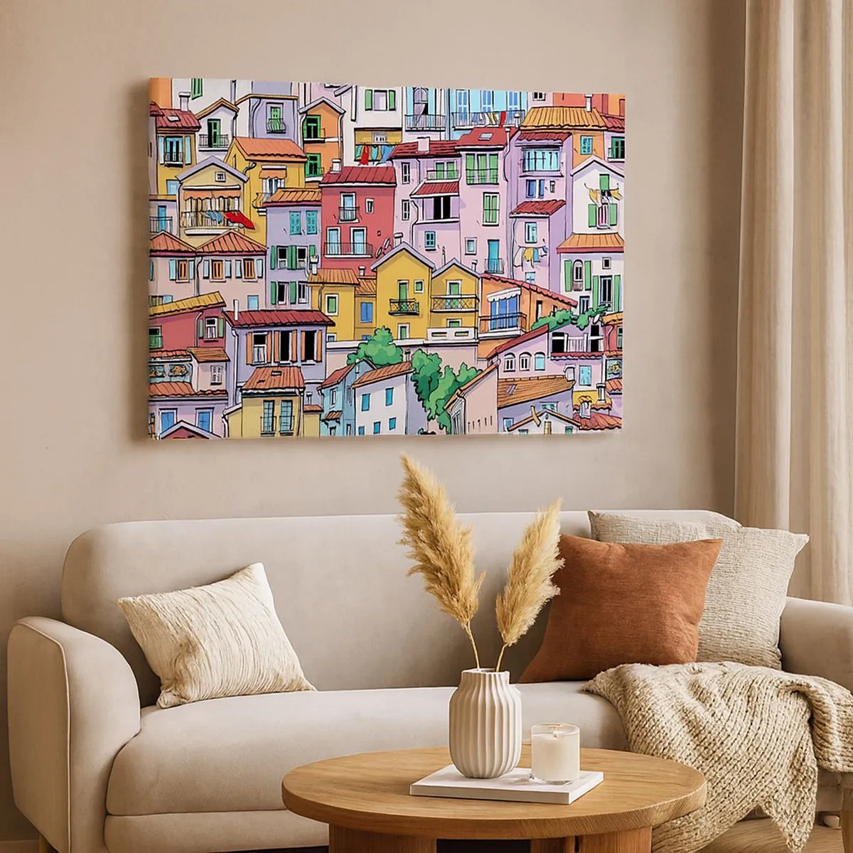 Schilderen op canvas - Kleurrijke huurkazernes in een levendige, vrolijke stijl - 70x50cm - Vrolijke stad - Moderne wanddecoratie voor woonkamer en slaapkamer ARTTOR