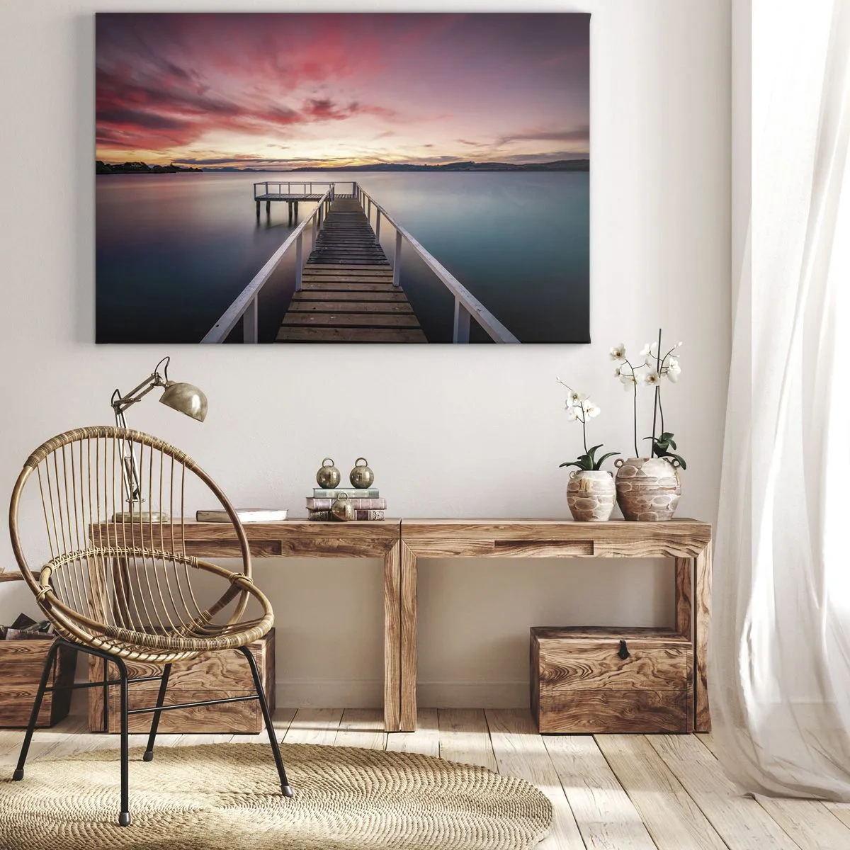Schilderen op canvas - Een steiger die naar een rustig meer leidt bij zonsondergang - 70x50cm - De zachte vlam van de avond - Moderne wanddecoratie voor woonkamer en slaapkamer ARTTOR