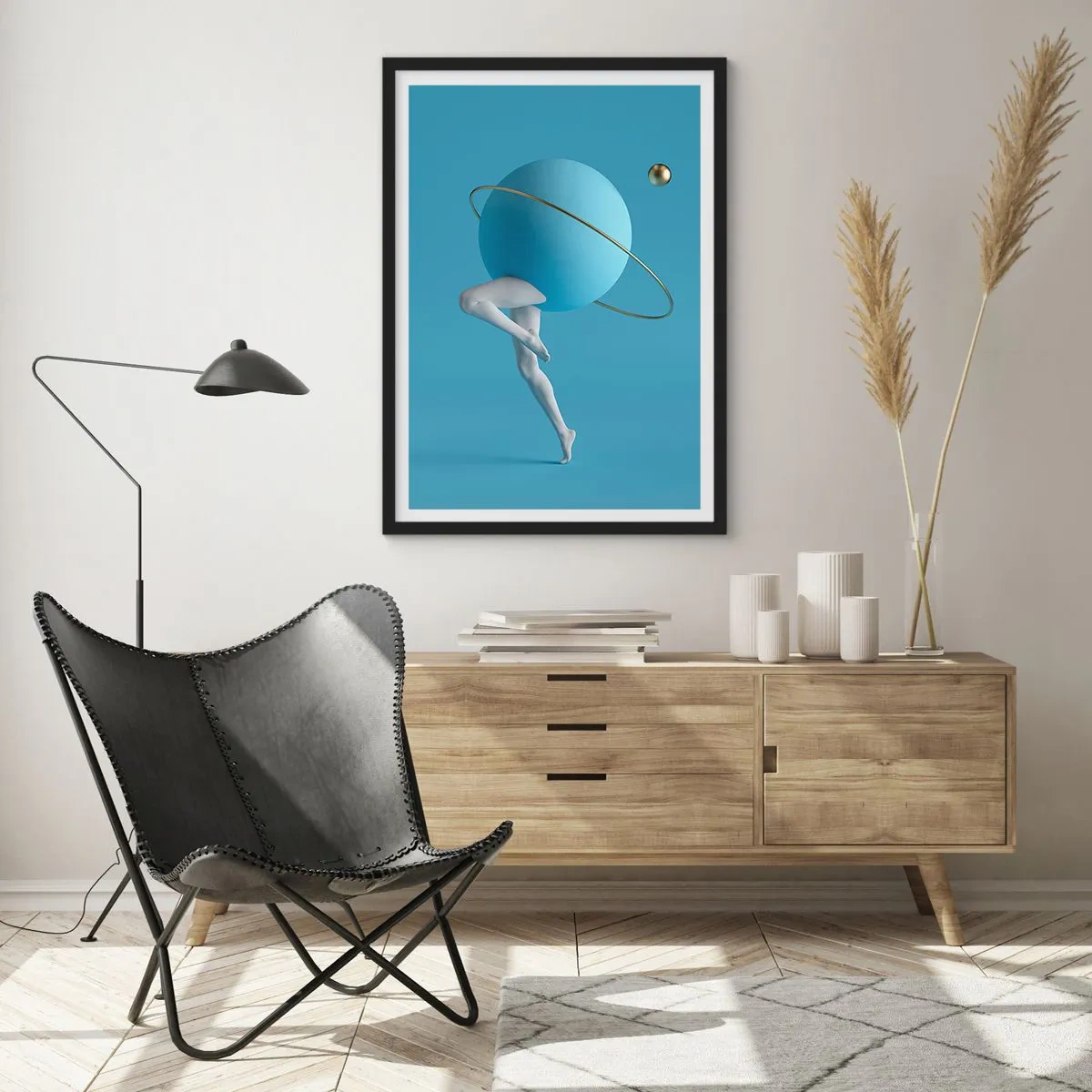 Poster in een zwarte lijst - Een figuur met een planeet als hoofd in een surrealistische compositie - 50x70cm - En de planeten zijn gek geworden - Moderne wanddecoratie voor woonkamer en slaapkamer ARTTOR